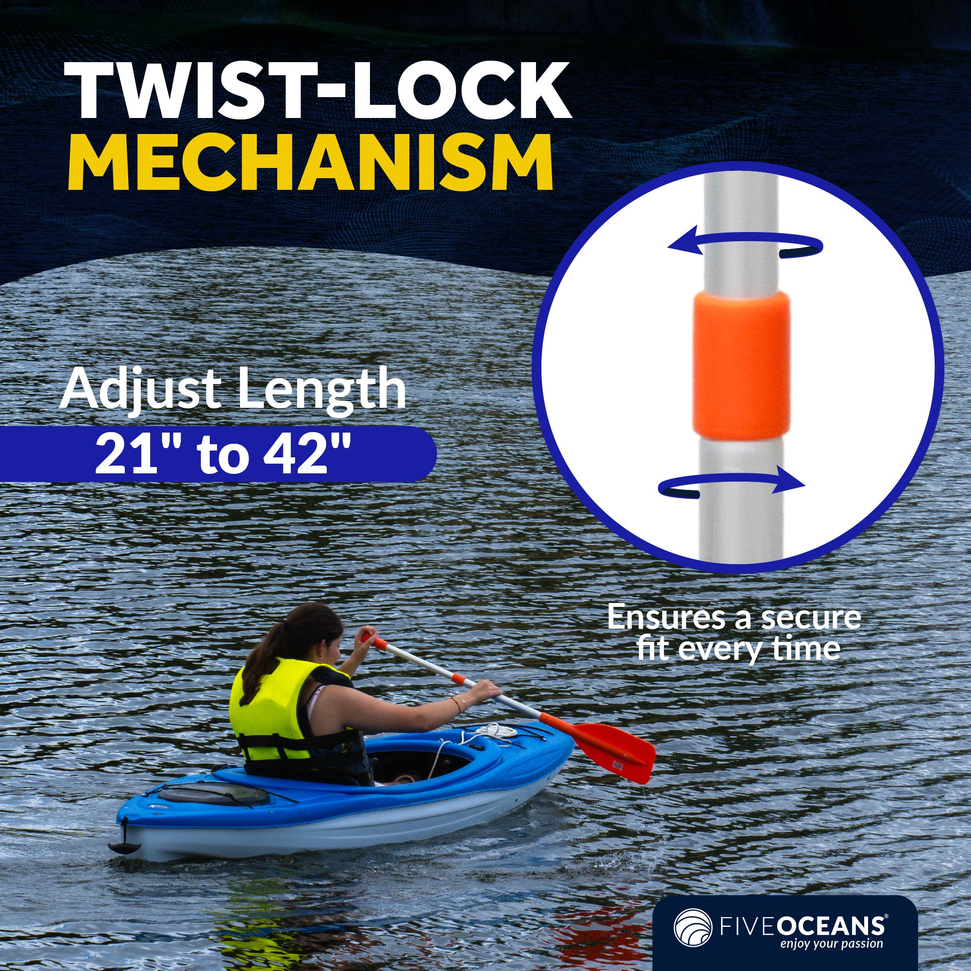 Emergency Floating Telescoping Paddle 21" to 42", T-Grip - Orange - FO2898 - Five Oceans