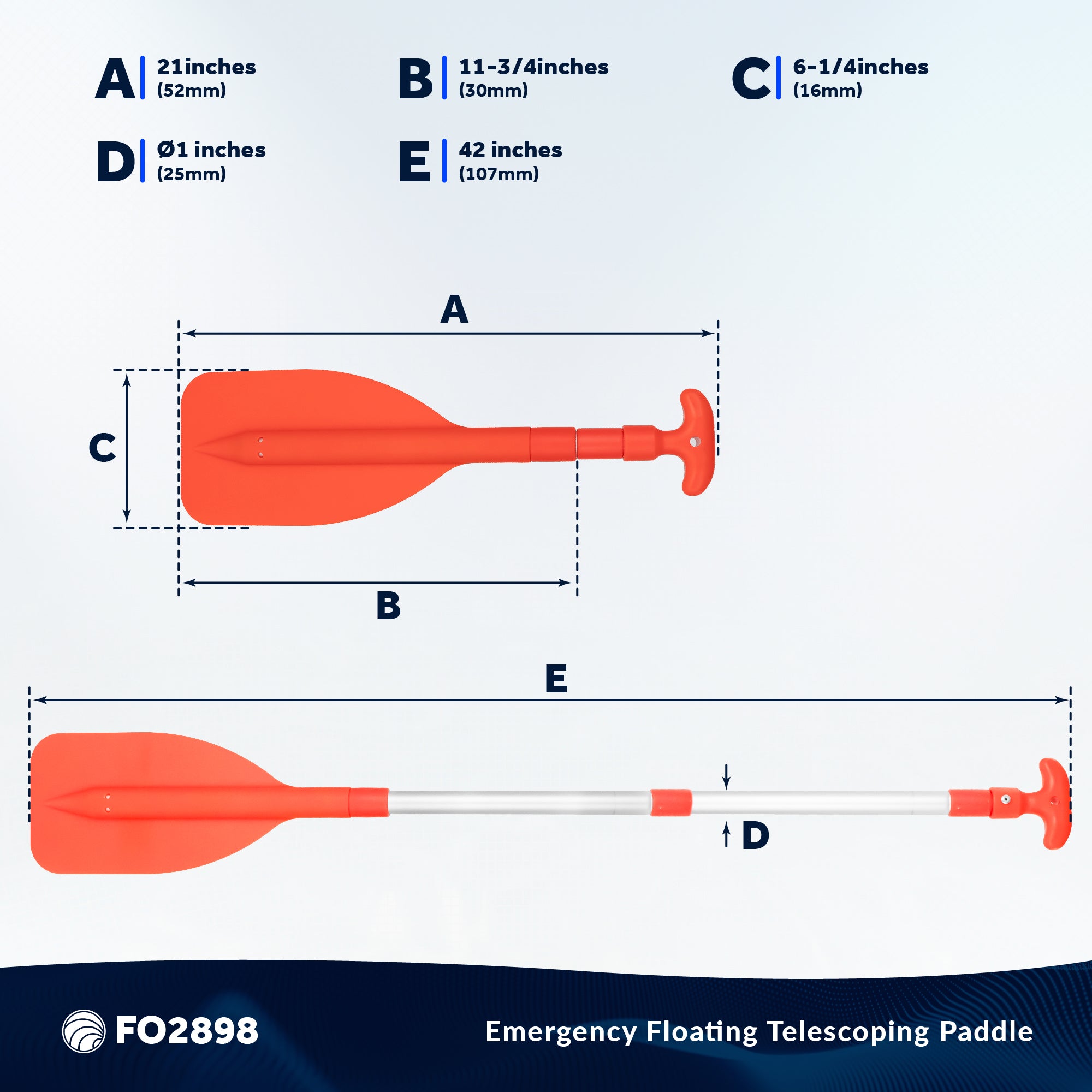 Emergency Floating Telescoping Paddle 21" to 42", T-Grip - Orange - FO2898 - Five Oceans