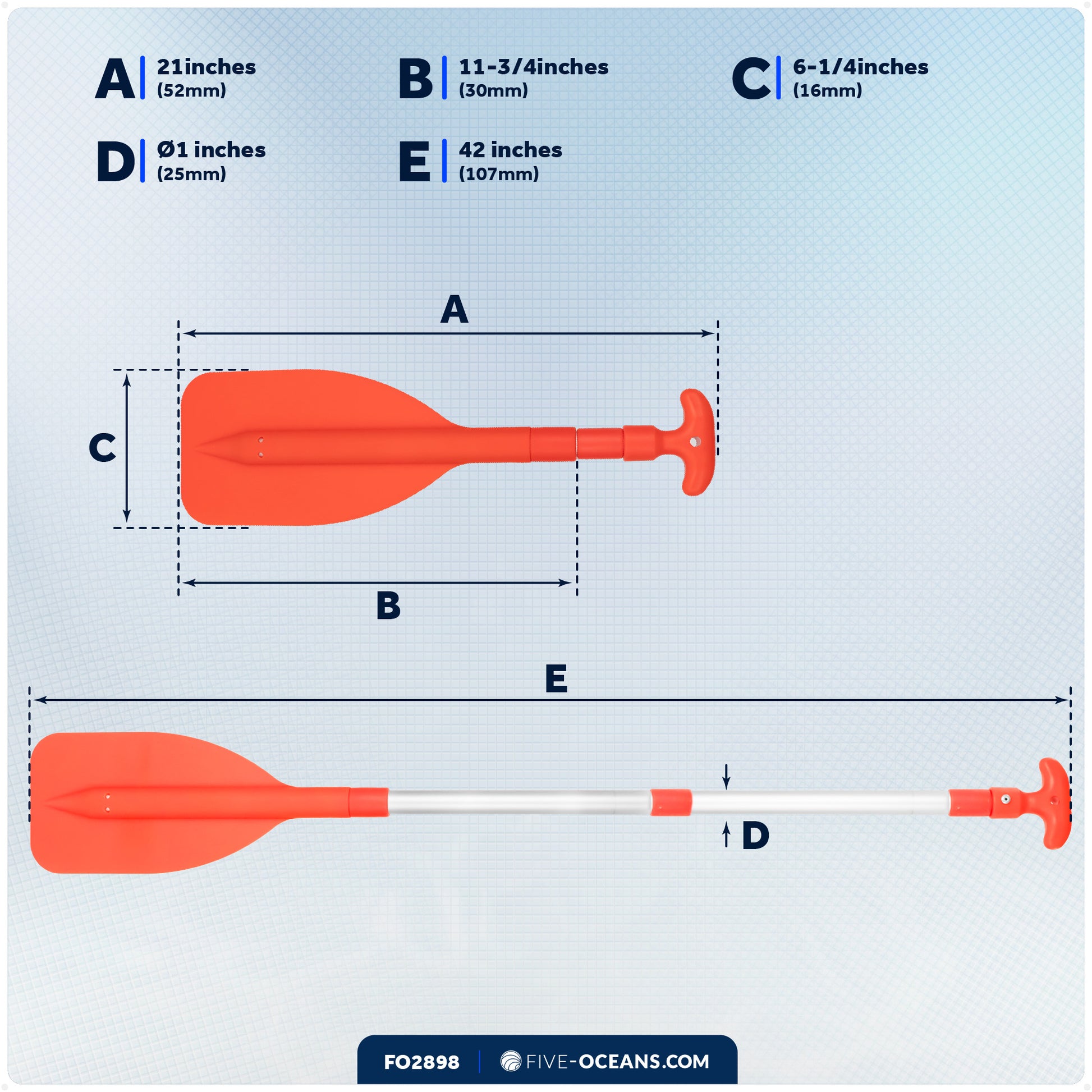 Emergency Floating Telescoping Paddle 21" to 42", T-Grip - Orange - FO2898 - Five Oceans