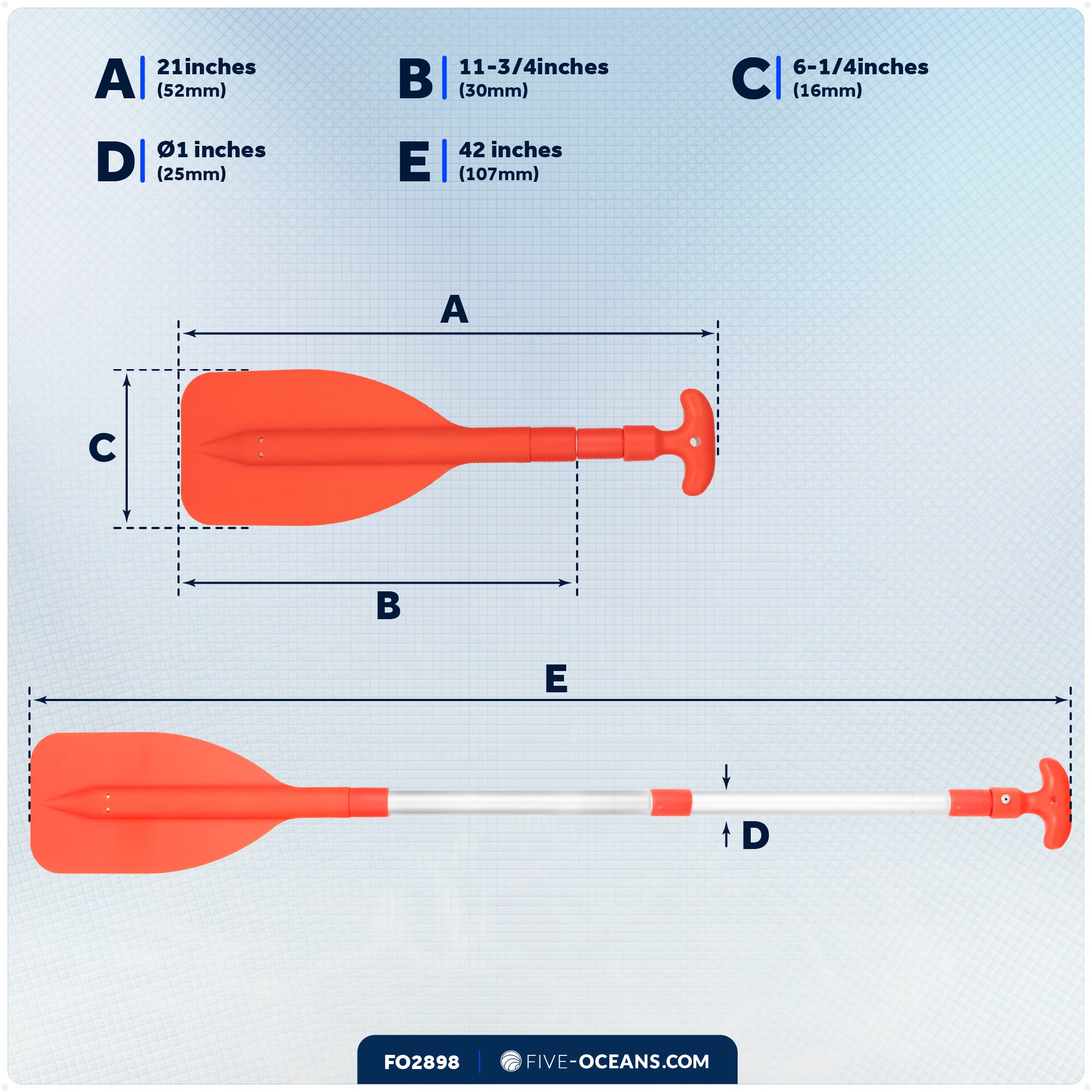 Emergency Floating Telescoping Paddle 21" to 42", T-Grip - Orange - FO2898 - Five Oceans