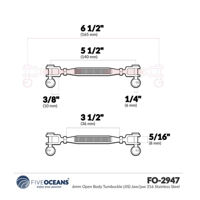 1/4" x 4" (M6 x 102 mm) Jaw & Jaw Turnbuckle, Open Body, 316 Stainless Steel