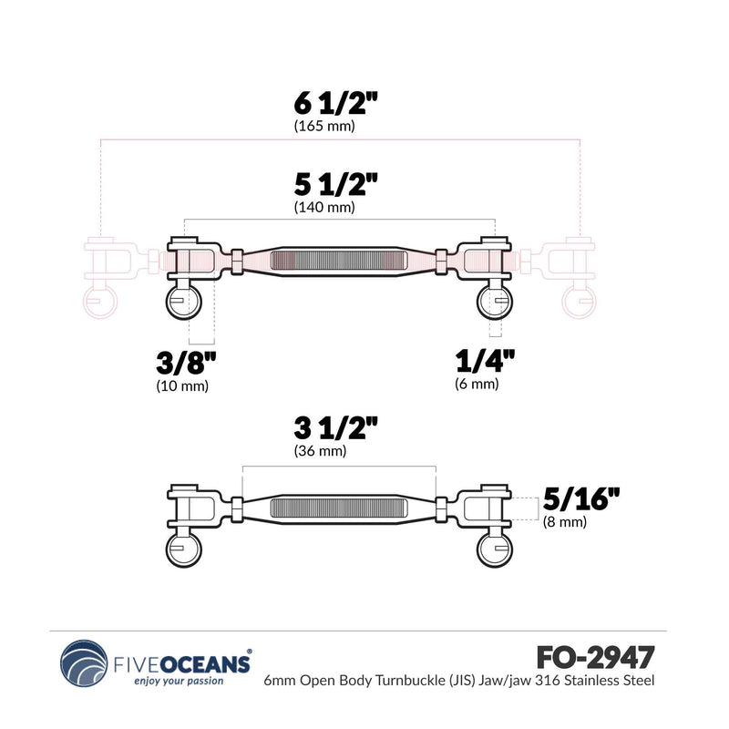 1/4" x 4" (M6 x 102 mm) Jaw & Jaw Turnbuckle, Open Body, 316 Stainless Steel