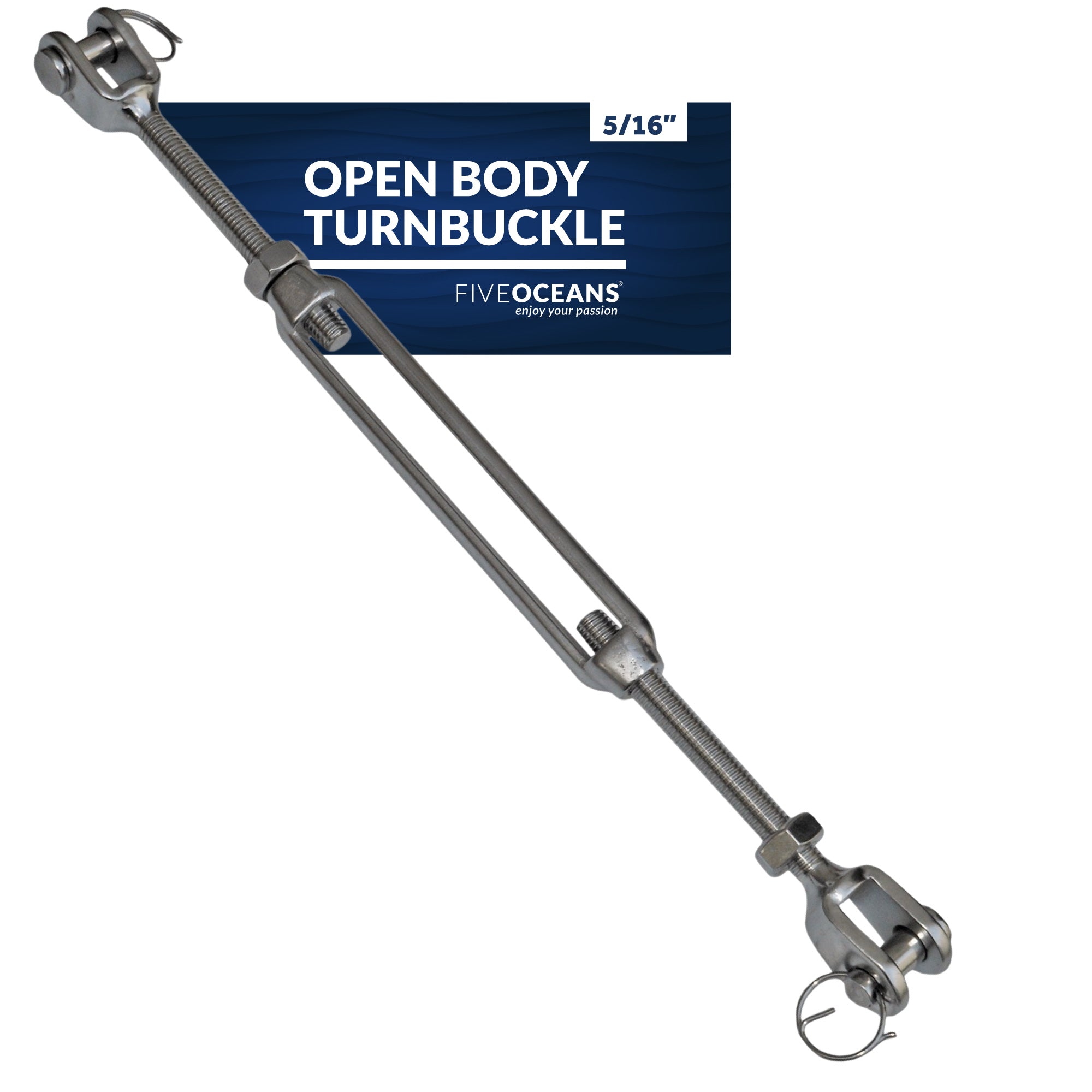 5/16" x 4-1/4" (M8 x 108 mm) Jaw & Jaw Turnbuckle, Open Body, 316 Stainless Steel – FO2948 - Five Oceans