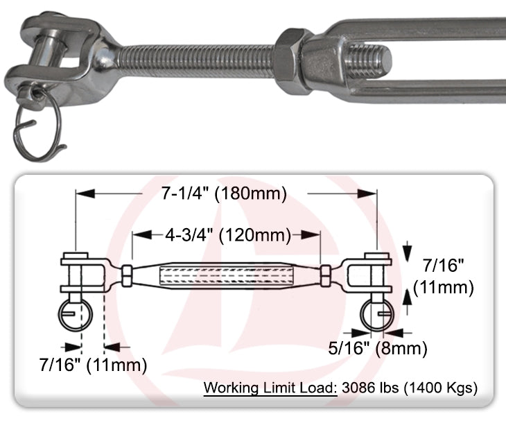 5/16" x 4-1/4" (M8 x 108 mm) Jaw & Jaw Turnbuckle, Open Body, 316 Stainless Steel – FO2948 - Five Oceans