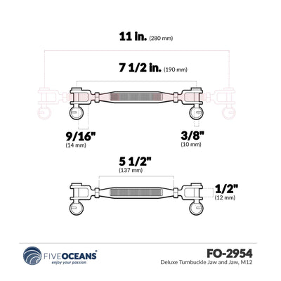 3/8" x 5" (M10 x 127 mm) Jaw & Jaw Turnbuckle, Closed Body, 316 Stainless Steel