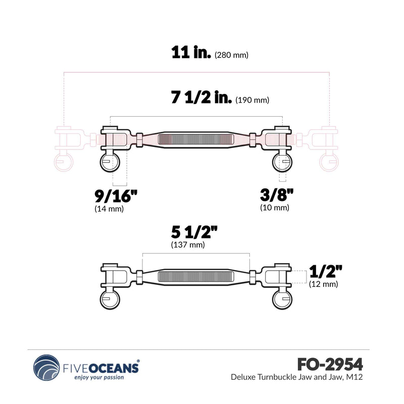 3/8" x 5" (M10 x 127 mm) Jaw & Jaw Turnbuckle, Closed Body, 316 Stainless Steel - FO2954 - Five Oceans