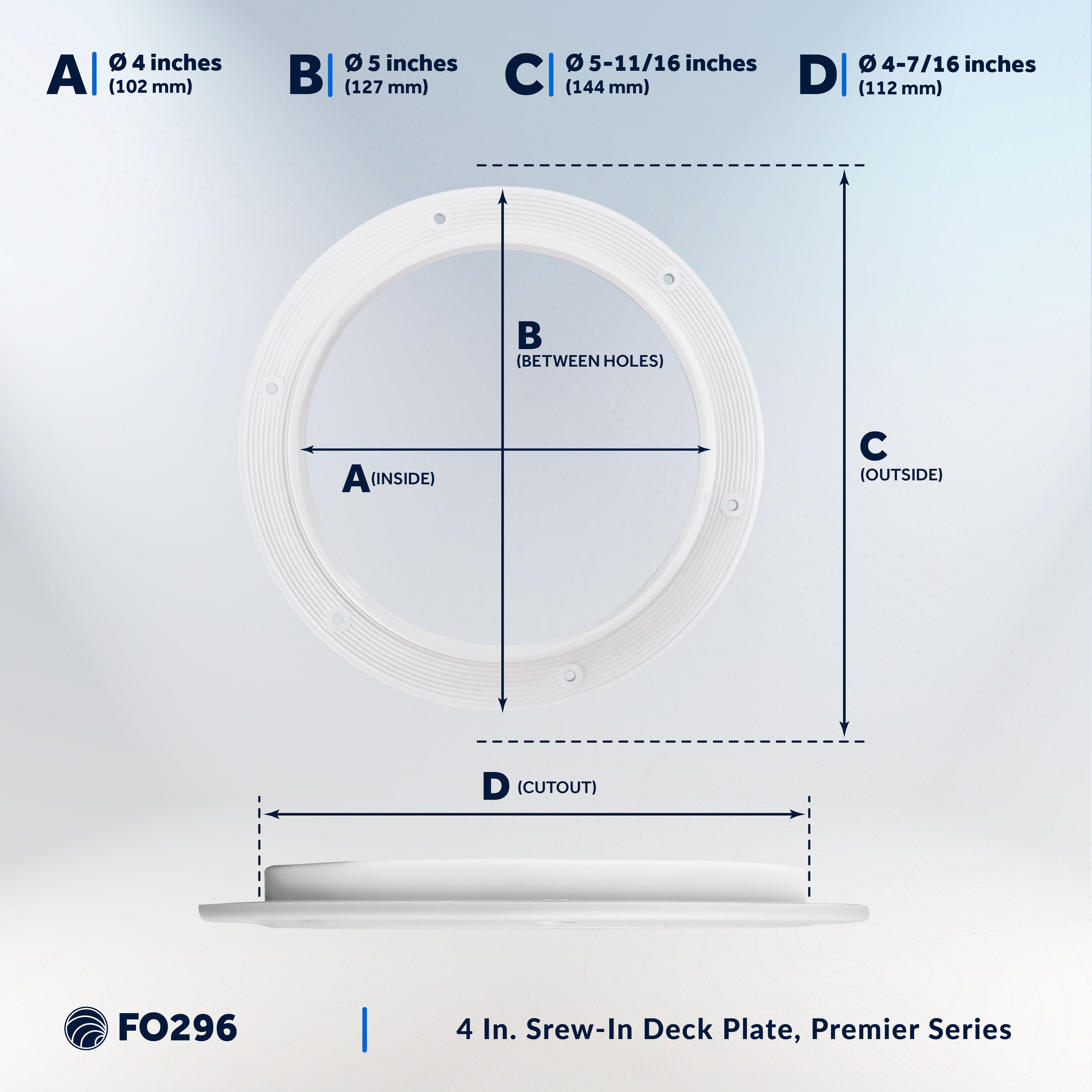 4" Deck Plate, Round, White - FO296 - Five Oceans