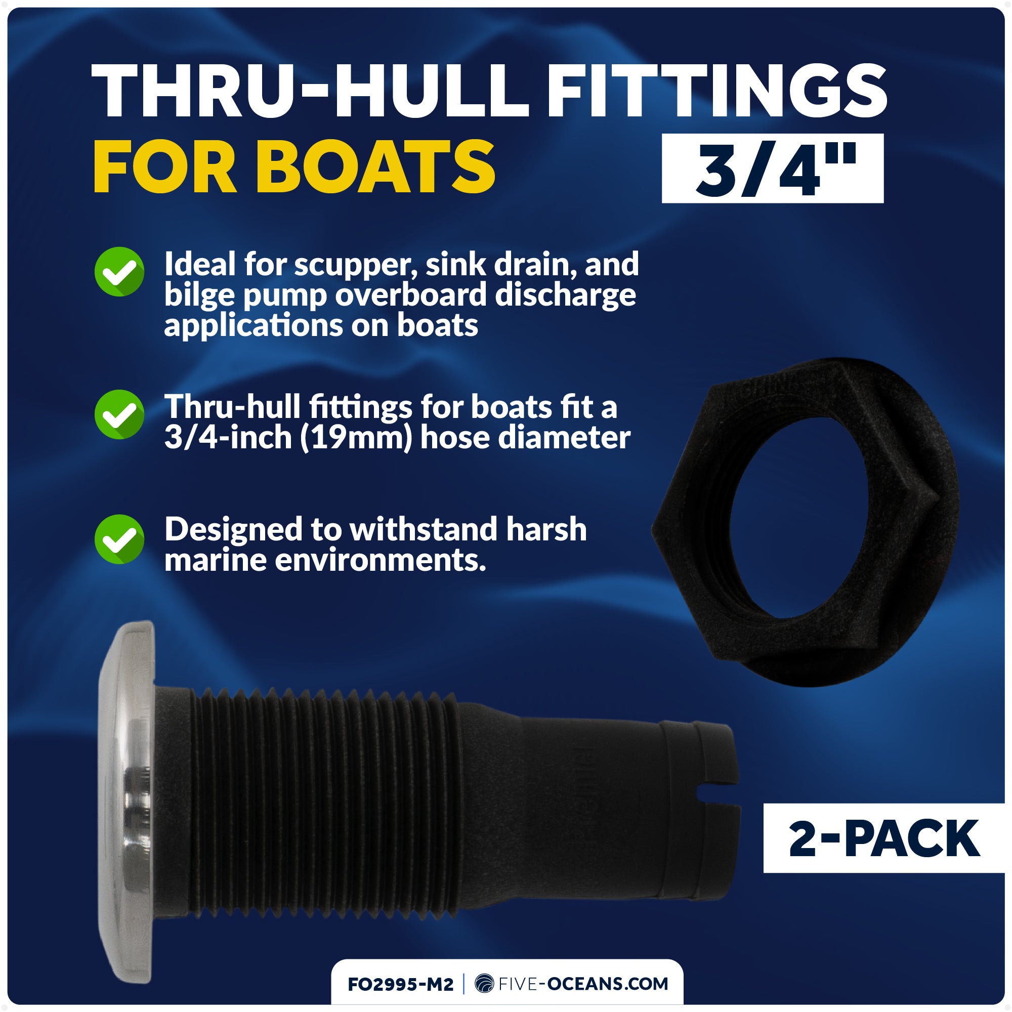 Thru Hull Fittings for Boats - 3/4" Hose, Black - 2-Pack - FO2995-M2