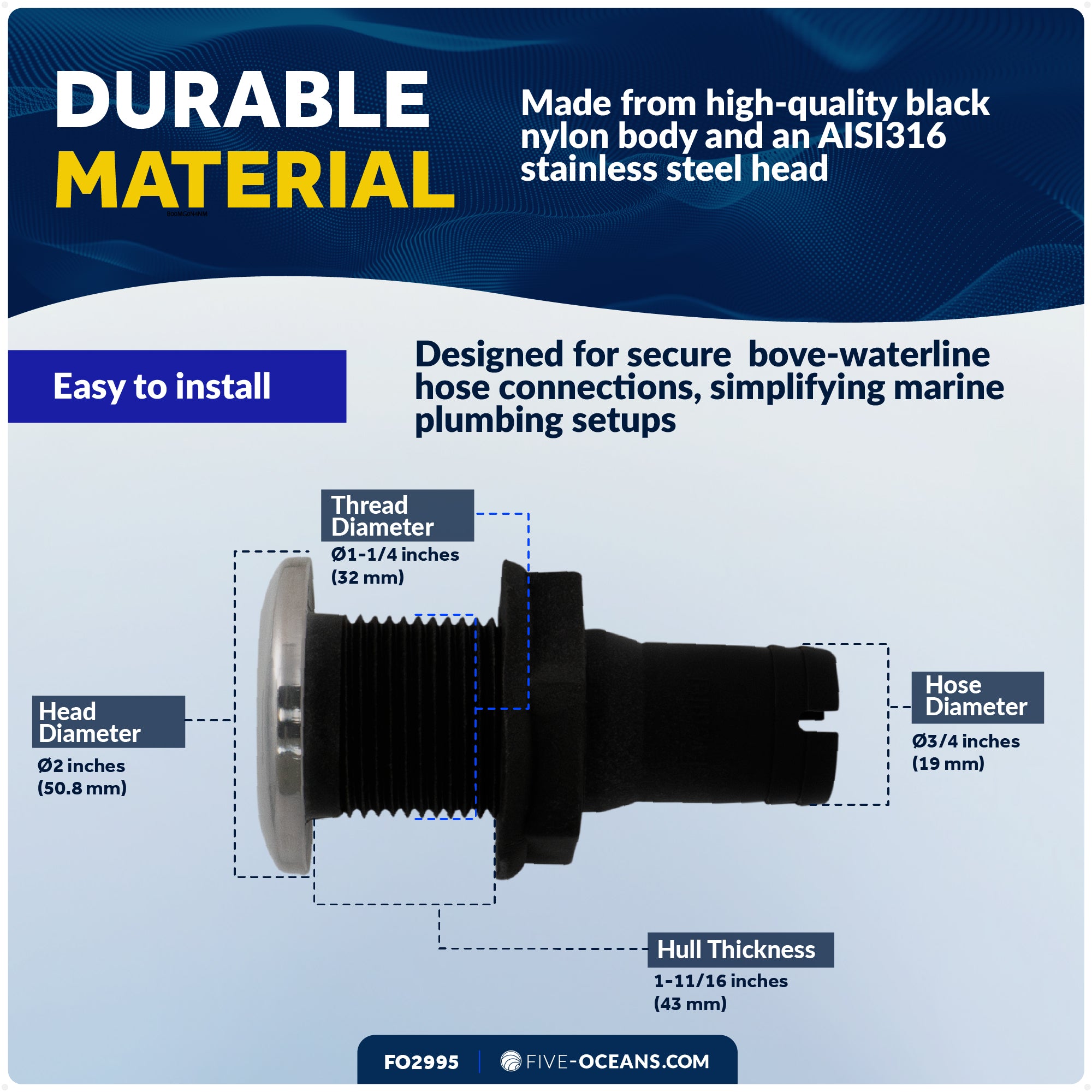 Thru Hull Fittings for Boats - 3/4" Hose, Black - FO2995