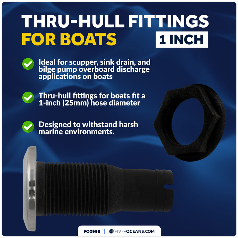 1" Thru-Hull Fitting, Black Nylon & Stainless Steel Head – FO2996 - Five Oceans