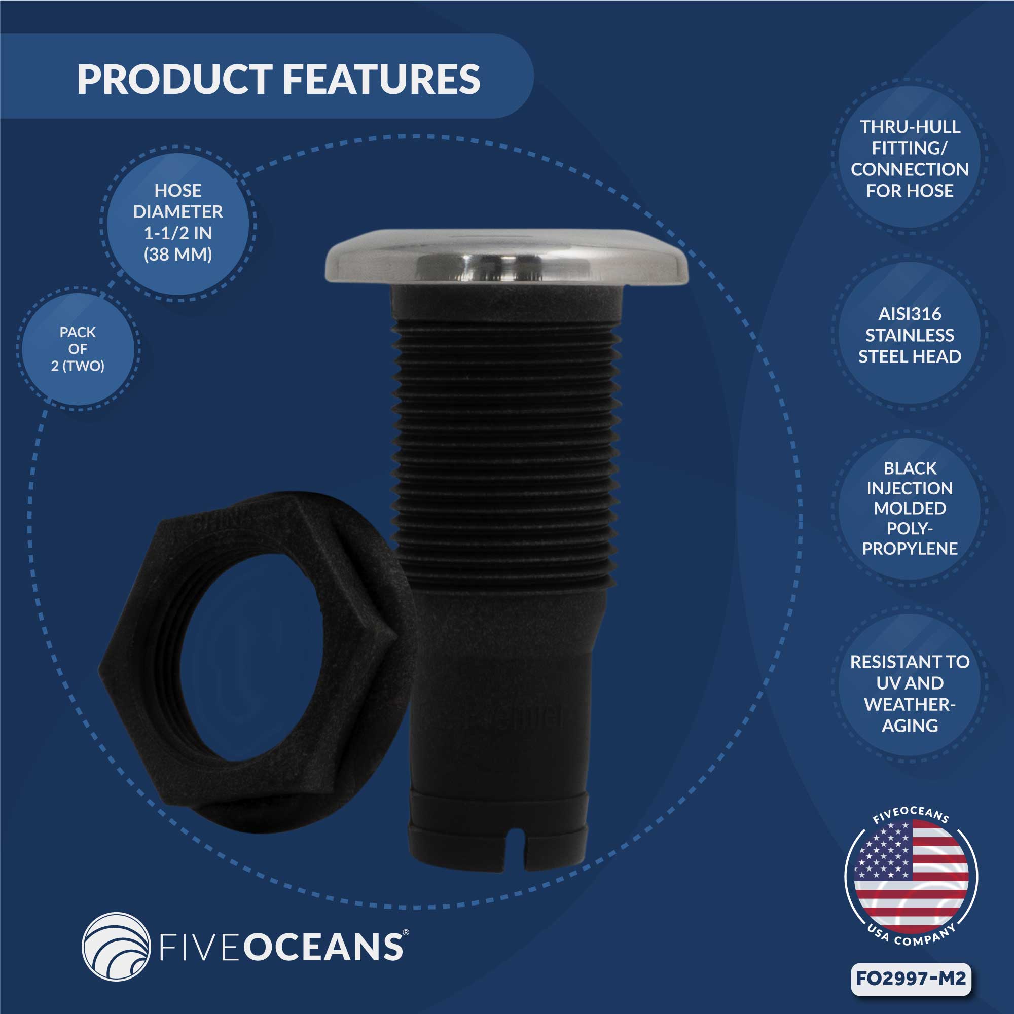 Thru Hull Fittings for Boats - 1-1/2" Hose, Black - 2-Pack - FO2997-M2 - Five Oceans