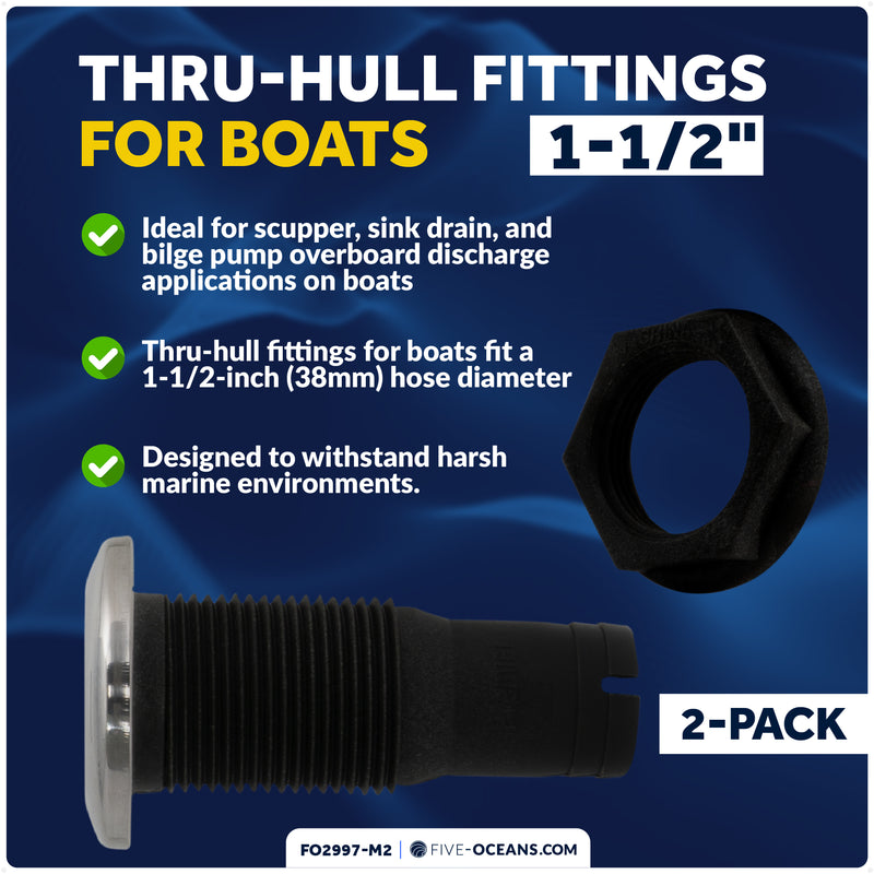 Thru Hull Fittings for Boats - 1-1/2" Hose, Black - 2-Pack - FO2997-M2 - Five Oceans