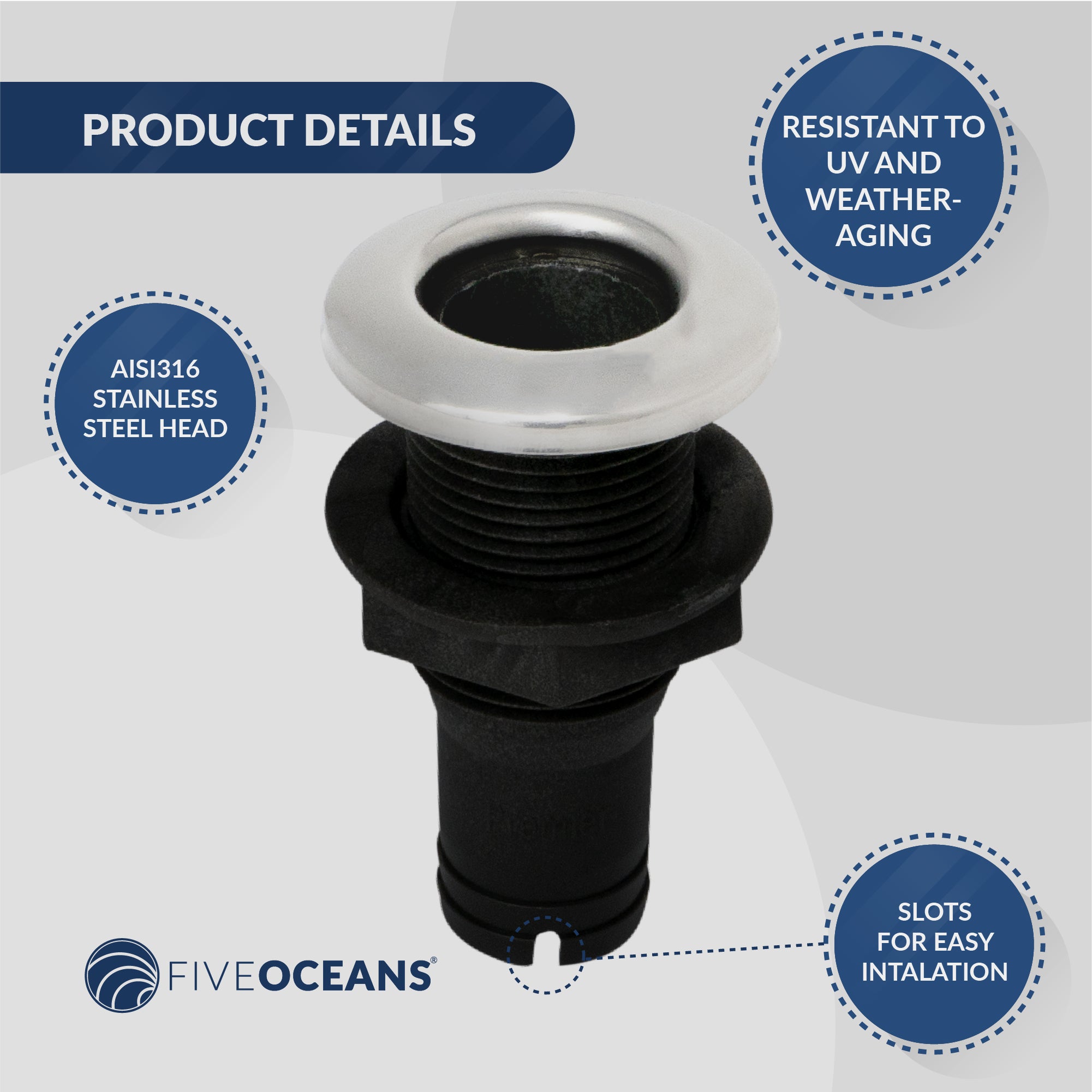 Thru Hull Fittings for Boats - 1-1/2" Hose, Black - 2-Pack - FO2997-M2 - Five Oceans