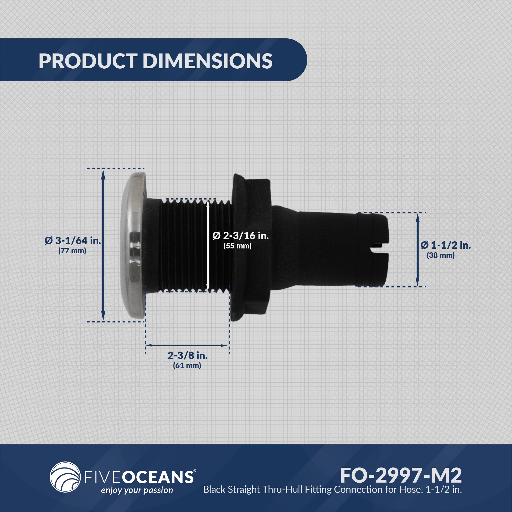 Thru Hull Fittings for Boats - 1-1/2" Hose, Black - 2-Pack - FO2997-M2 - Five Oceans