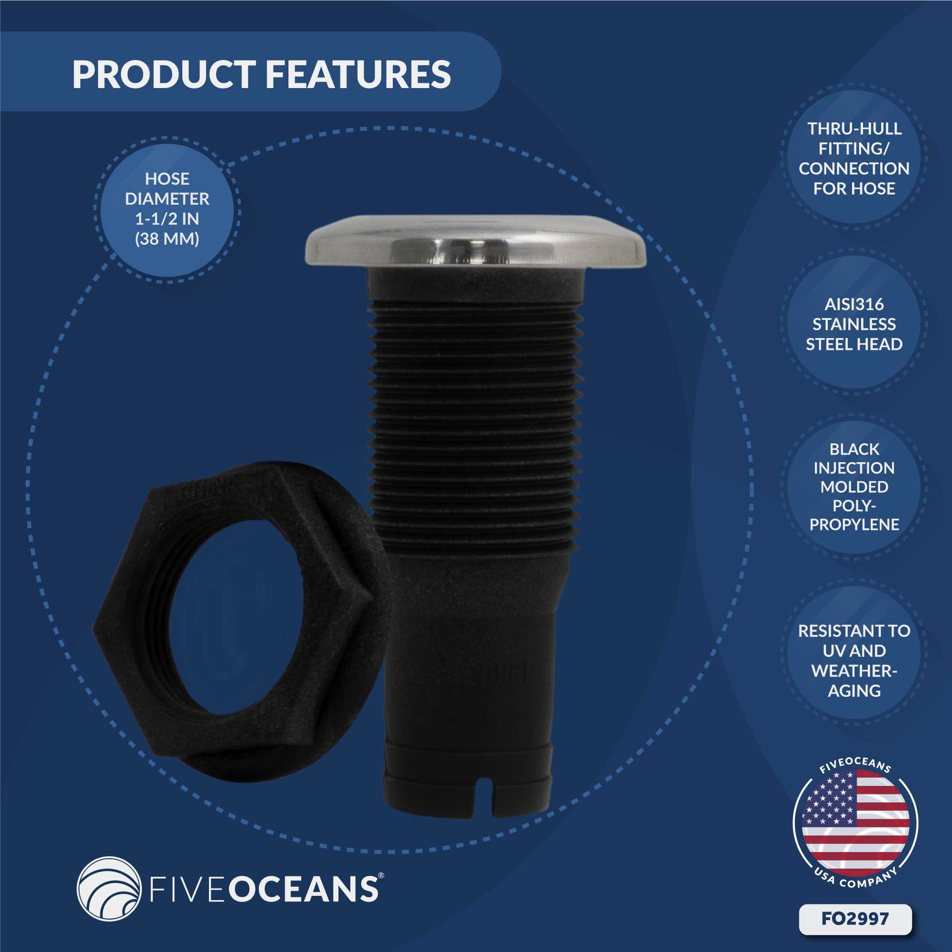 Thru Hull Fittings for Boats - 1-1/2" Hose, Black - FO2997 - Five Oceans