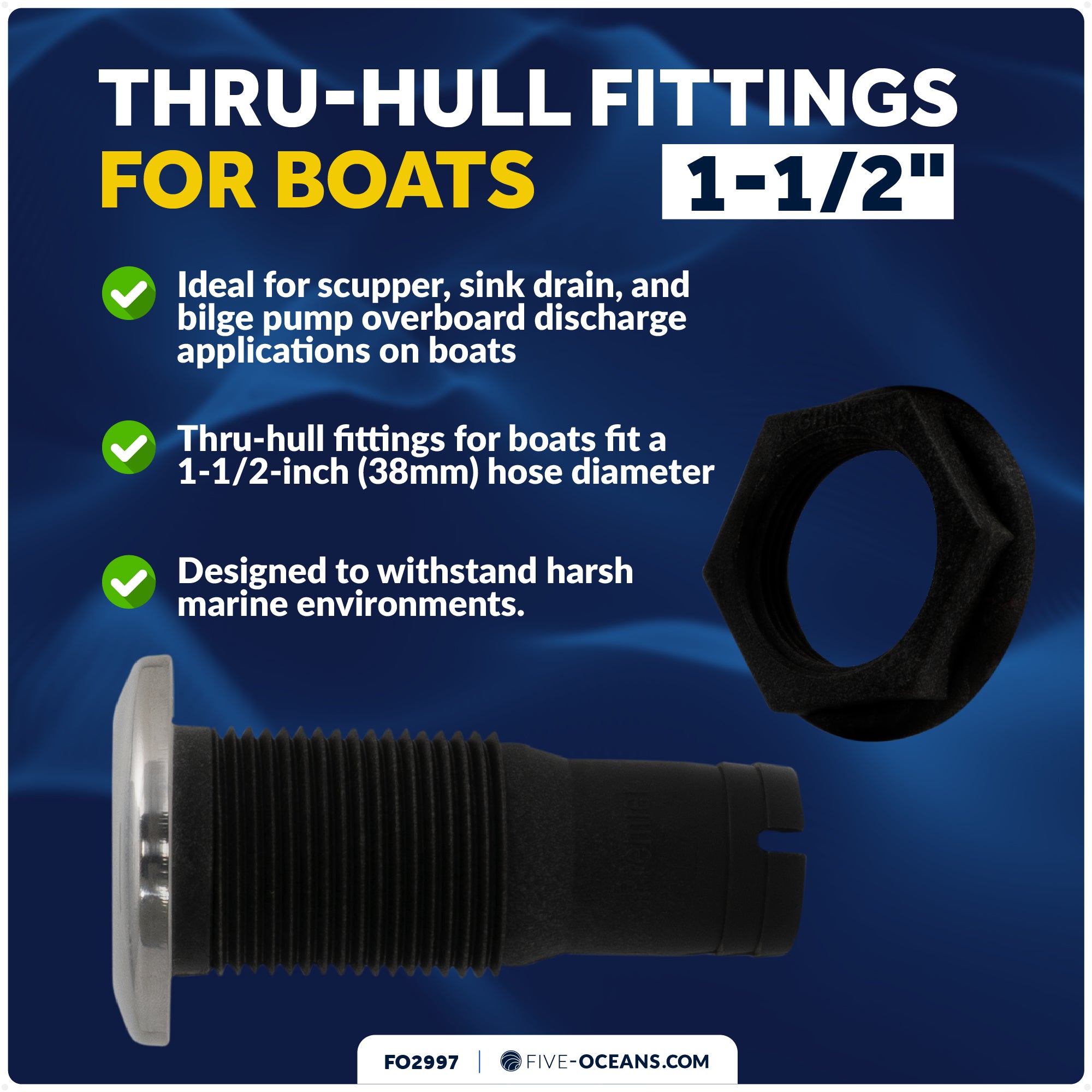 1-1/2" Thru-Hull Fitting, Black Nylon & Stainless Steel Head – FO2997 - Five Oceans