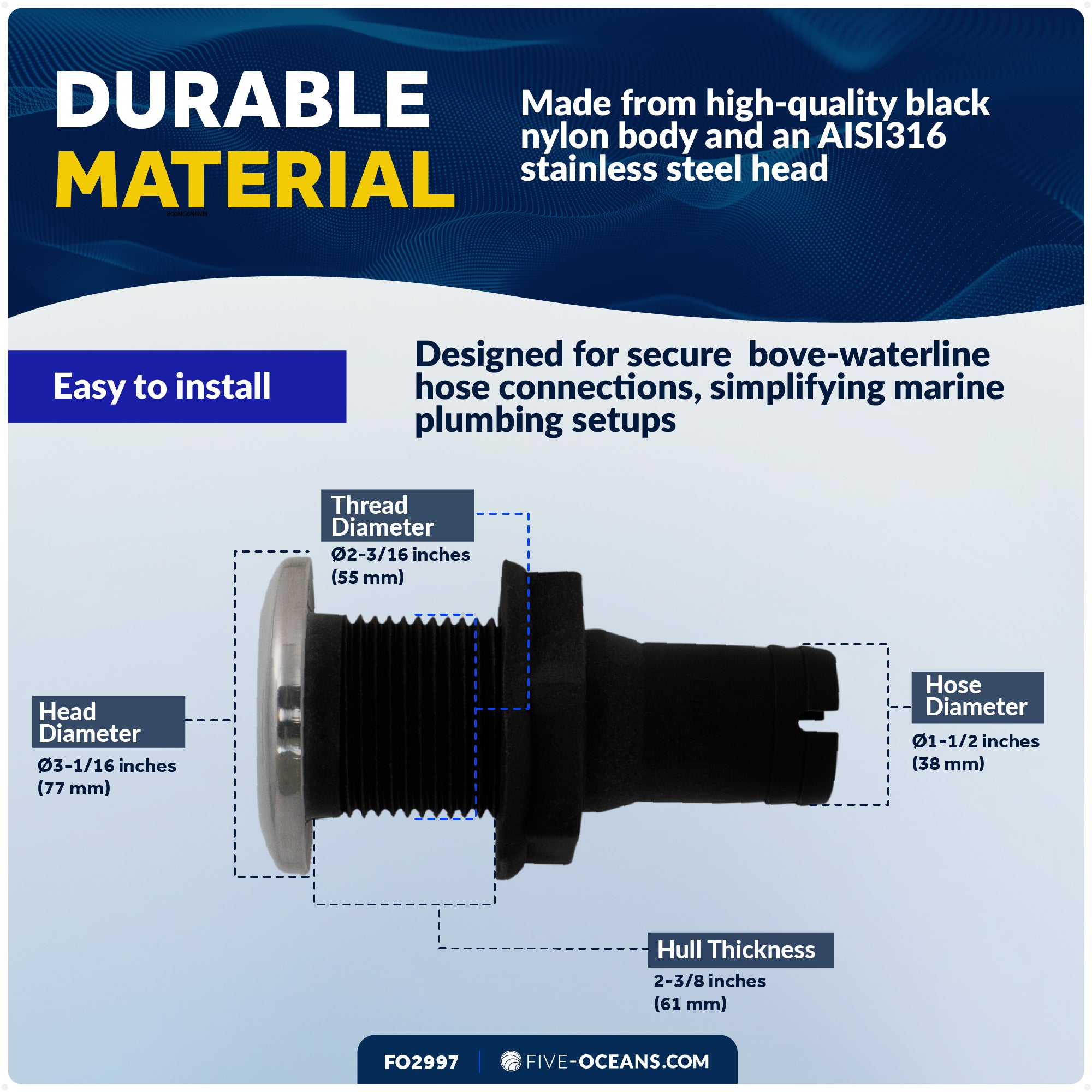 Thru Hull Fittings for Boats - 1-1/2" Hose, Black - FO2997