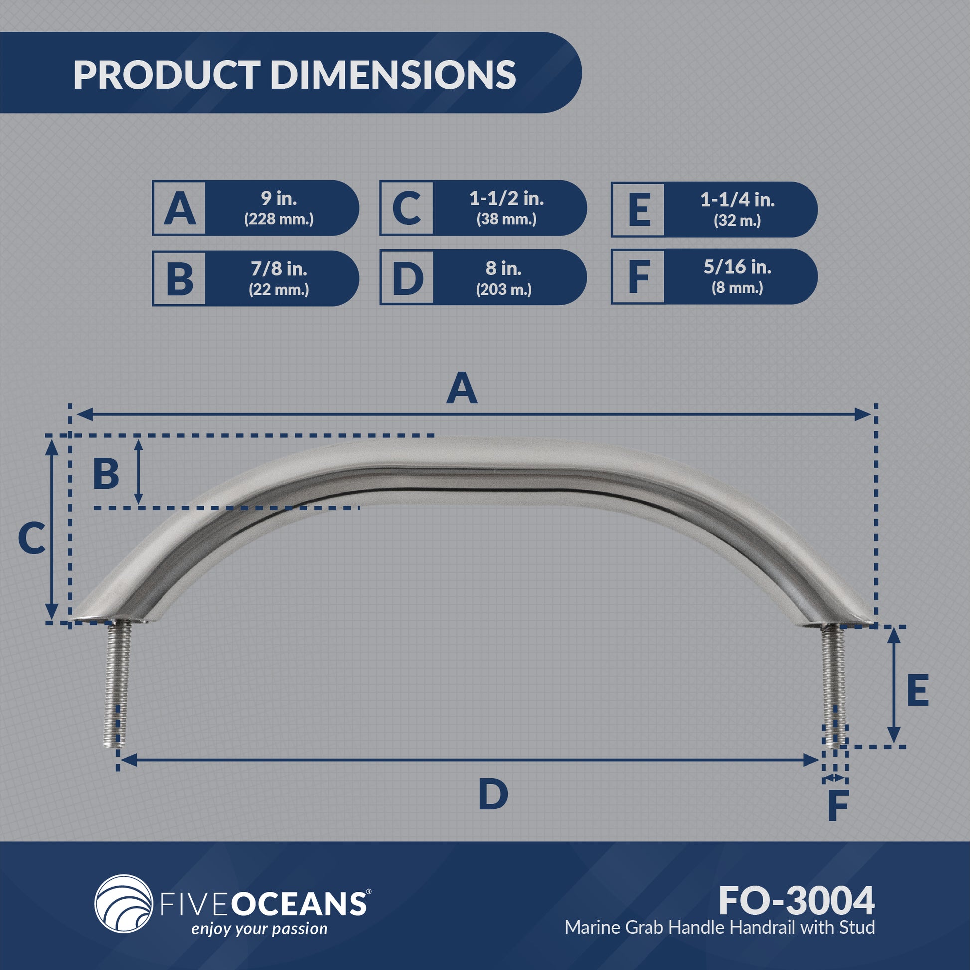 Grab Handle Handrail with Stud 9", Stainless Steel - FO3004 - Five Oceans