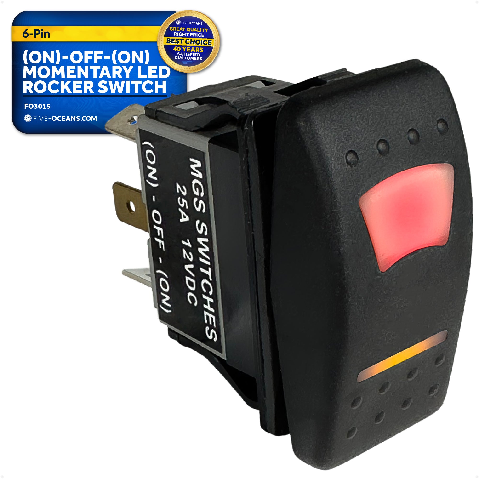 6-Pin (On)-Off-(On) Momentary LED Rocker Switch, DPDT, 25A/12V DC - 15A/24V DC - FO3015