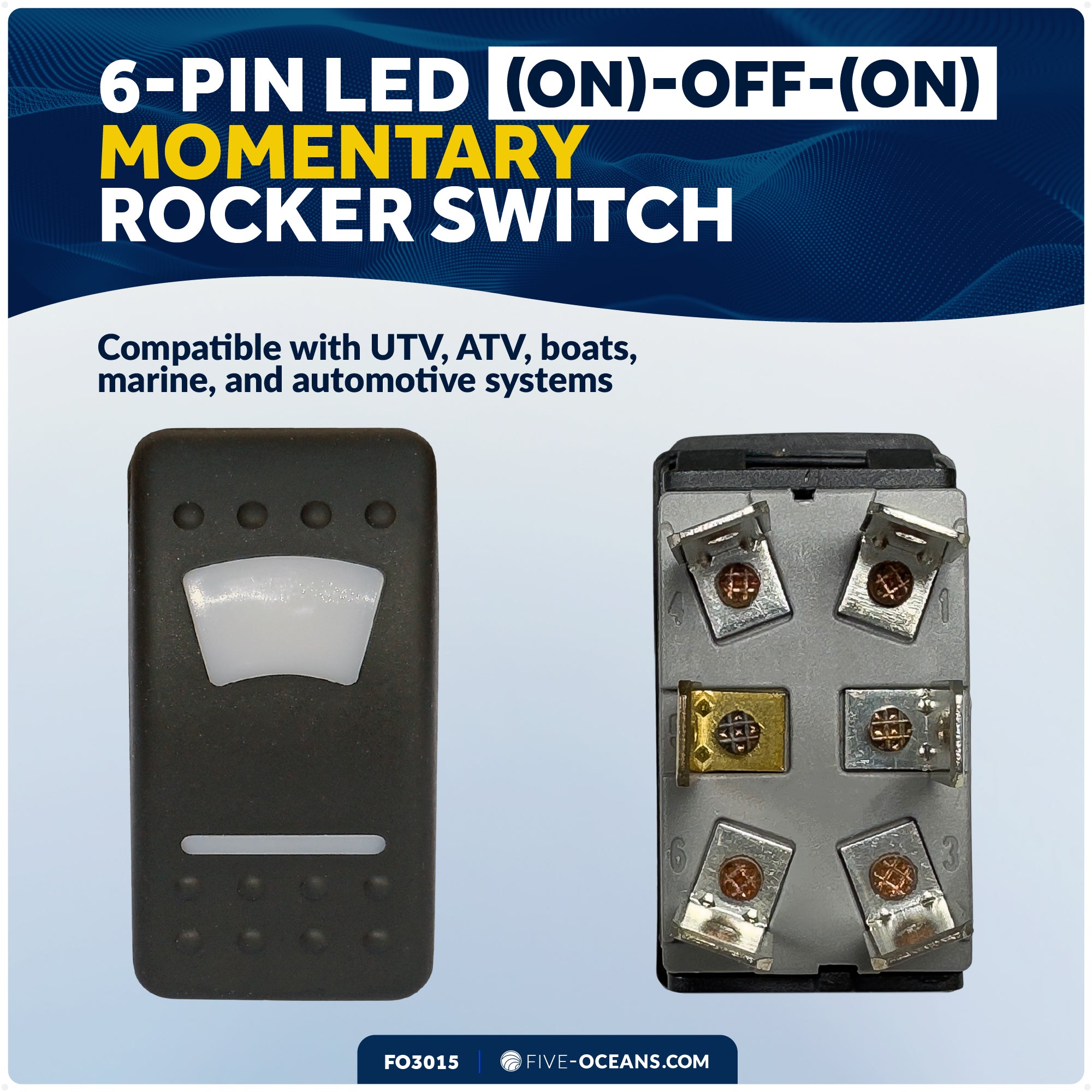 6-Pin (On)-Off-(On) Momentary LED Rocker Switch, DPDT, 25A/12V DC - 15A/24V DC - FO3015