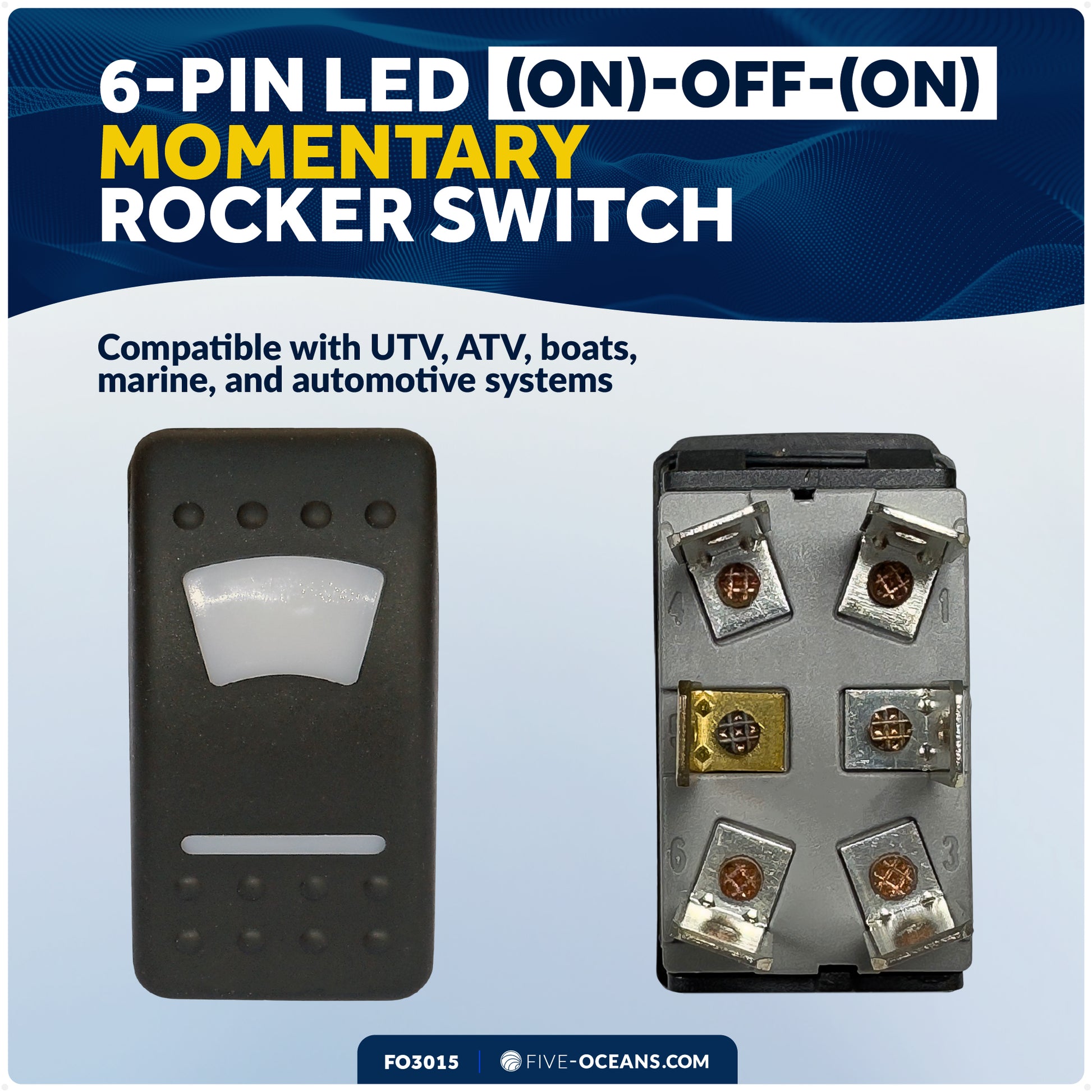 6-Pin (On)-Off-(On) Momentary LED Rocker Switch, DPDT, 25A/12V DC - 15A/24V DC - FO3015 - Five Oceans