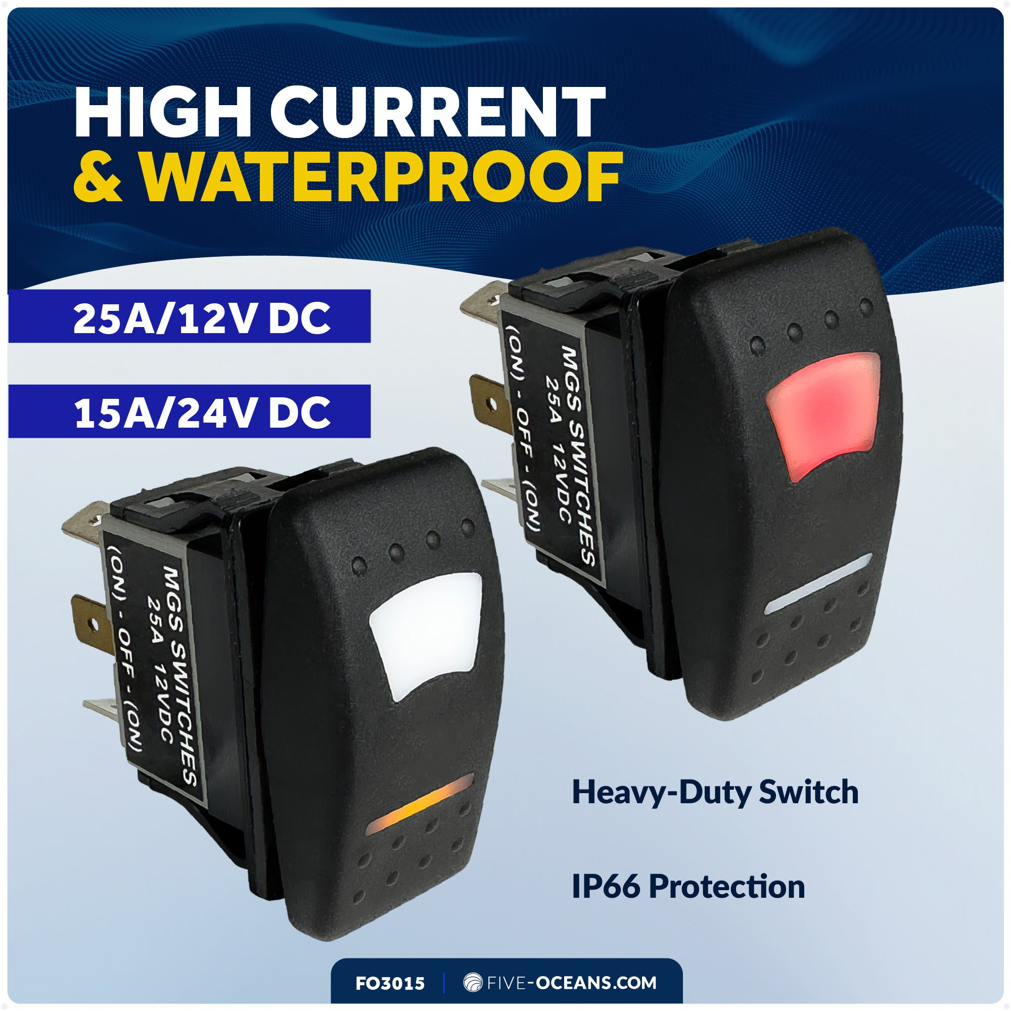 6-Pin (On)-Off-(On) Momentary LED Rocker Switch, DPDT, 25A/12V DC - 15A/24V DC - FO3015