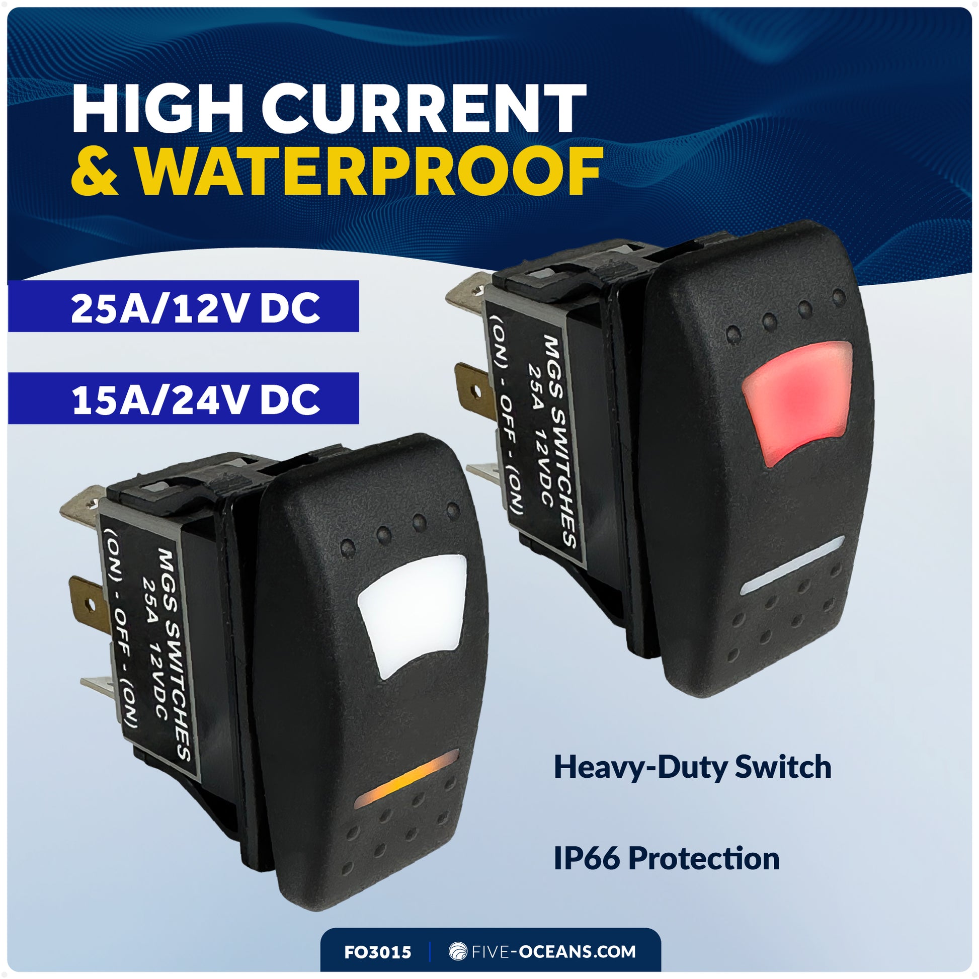 6-Pin (On)-Off-(On) Momentary LED Rocker Switch, DPDT, 25A/12V DC - 15A/24V DC - FO3015 - Five Oceans