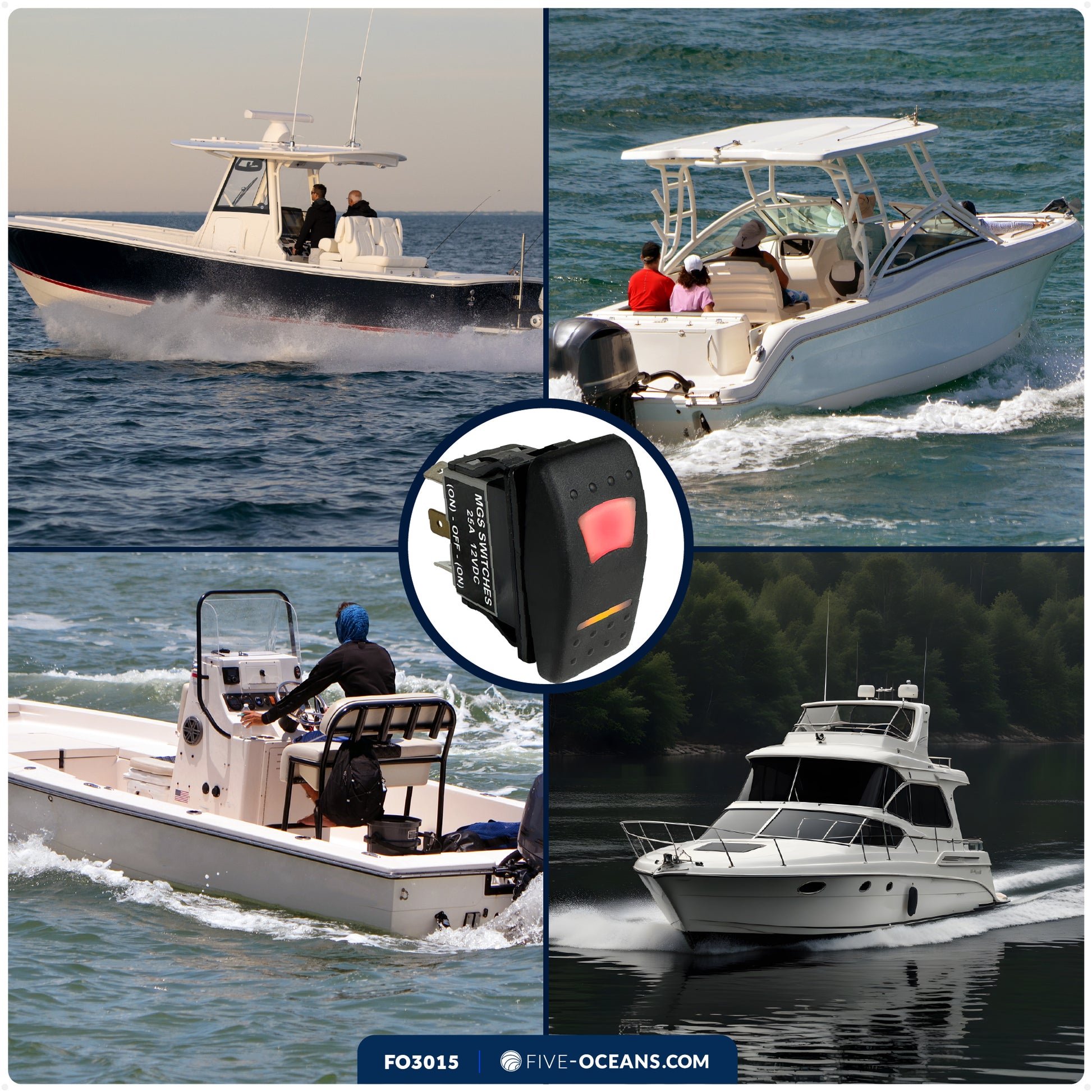 6-Pin (On)-Off-(On) Momentary LED Rocker Switch, DPDT, 25A/12V DC - 15A/24V DC - FO3015 - Five Oceans