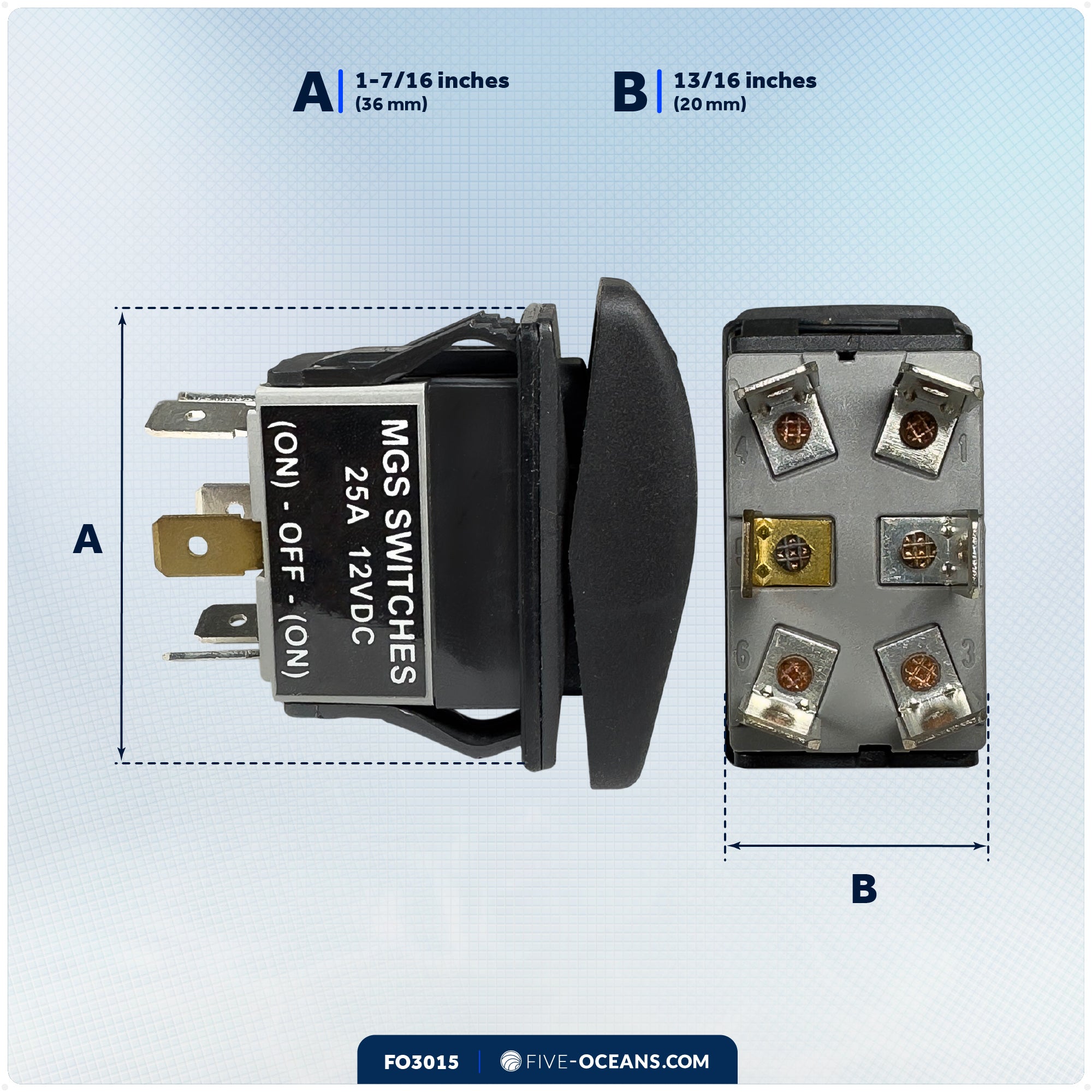 6-Pin (On)-Off-(On) Momentary LED Rocker Switch, DPDT, 25A/12V DC - 15A/24V DC - FO3015 - Five Oceans