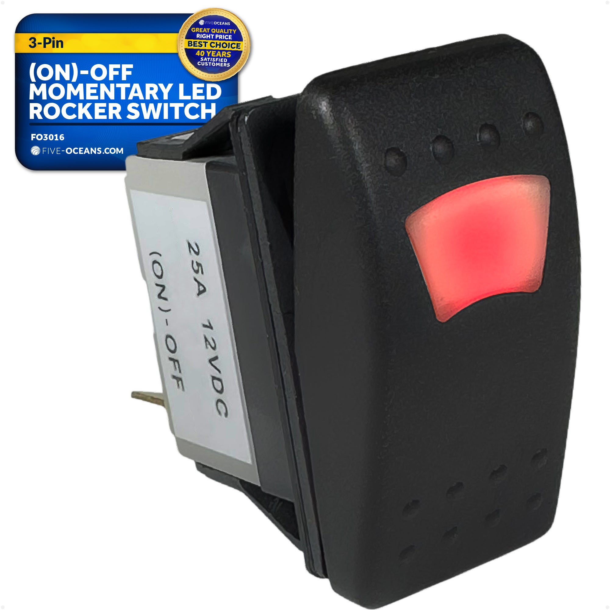 3-Pin (On)-Off Momentary LED Rocker Switch, SPST, 25A/12V DC - 15A/24V DC - FO3016