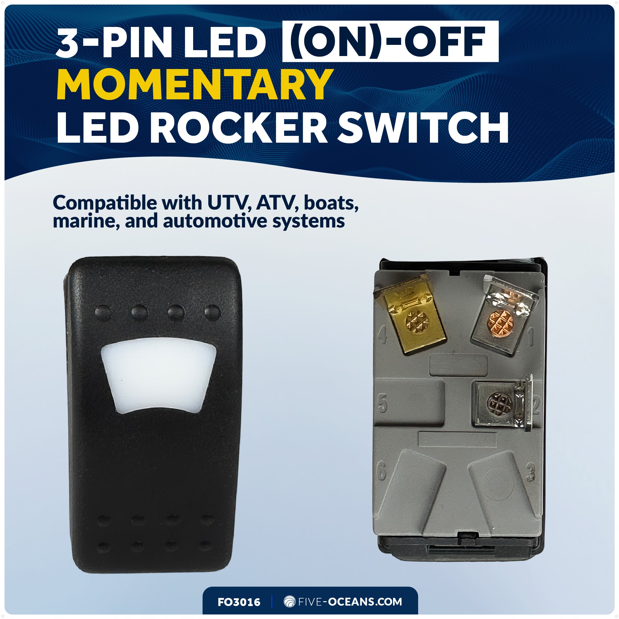 3-Pin (On)-Off Momentary LED Rocker Switch, SPST, 25A/12V DC - 15A/24V DC - FO3016