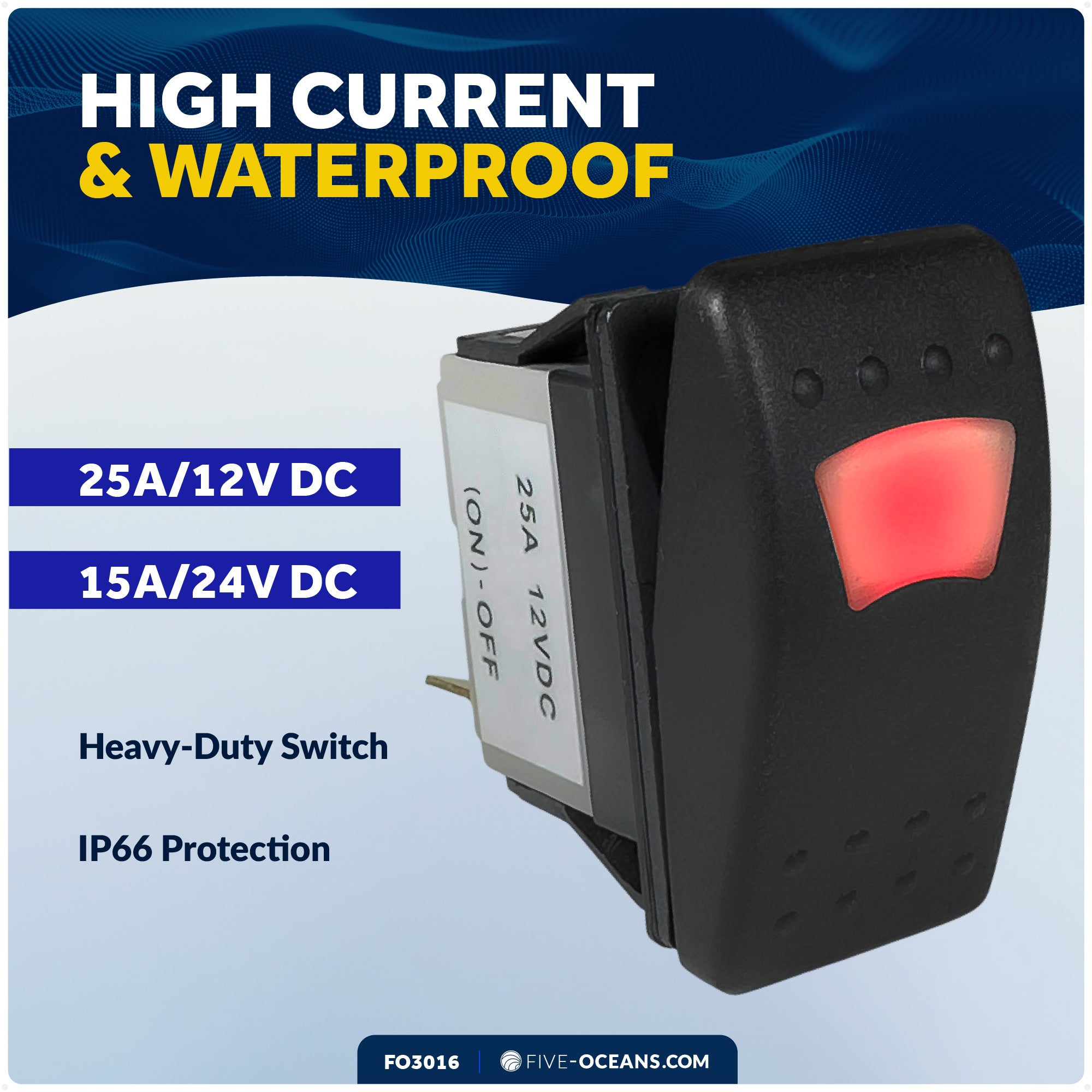 3-Pin (On)-Off Momentary LED Rocker Switch, SPST, 25A/12V DC - 15A/24V DC - FO3016 - Five Oceans