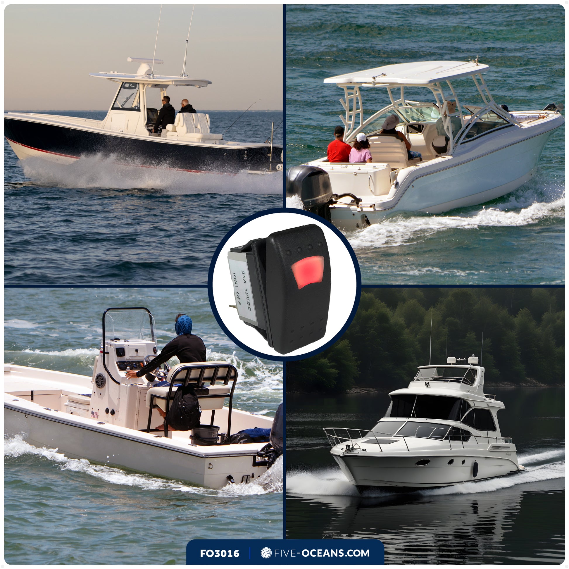 3-Pin (On)-Off Momentary LED Rocker Switch, SPST, 25A/12V DC - 15A/24V DC - FO3016 - Five Oceans