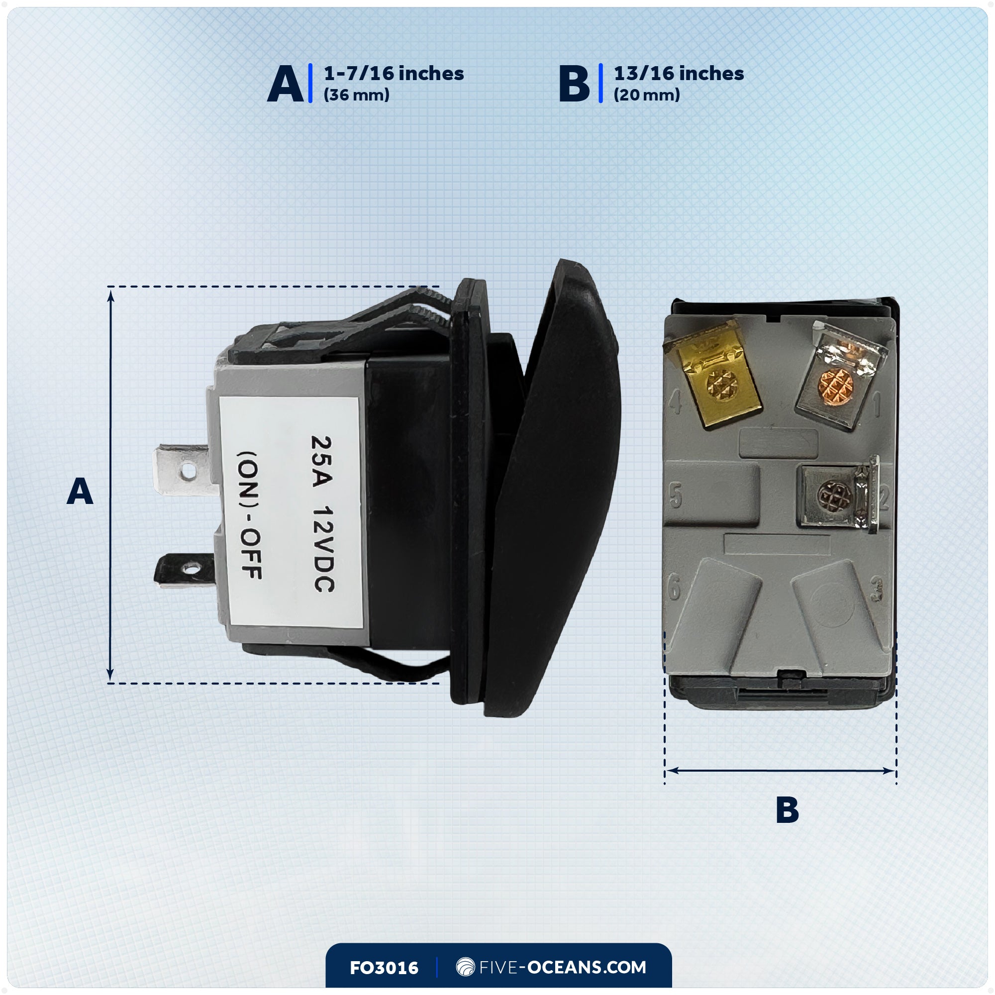 3-Pin (On)-Off Momentary LED Rocker Switch, SPST, 25A/12V DC - 15A/24V DC - FO3016 - Five Oceans