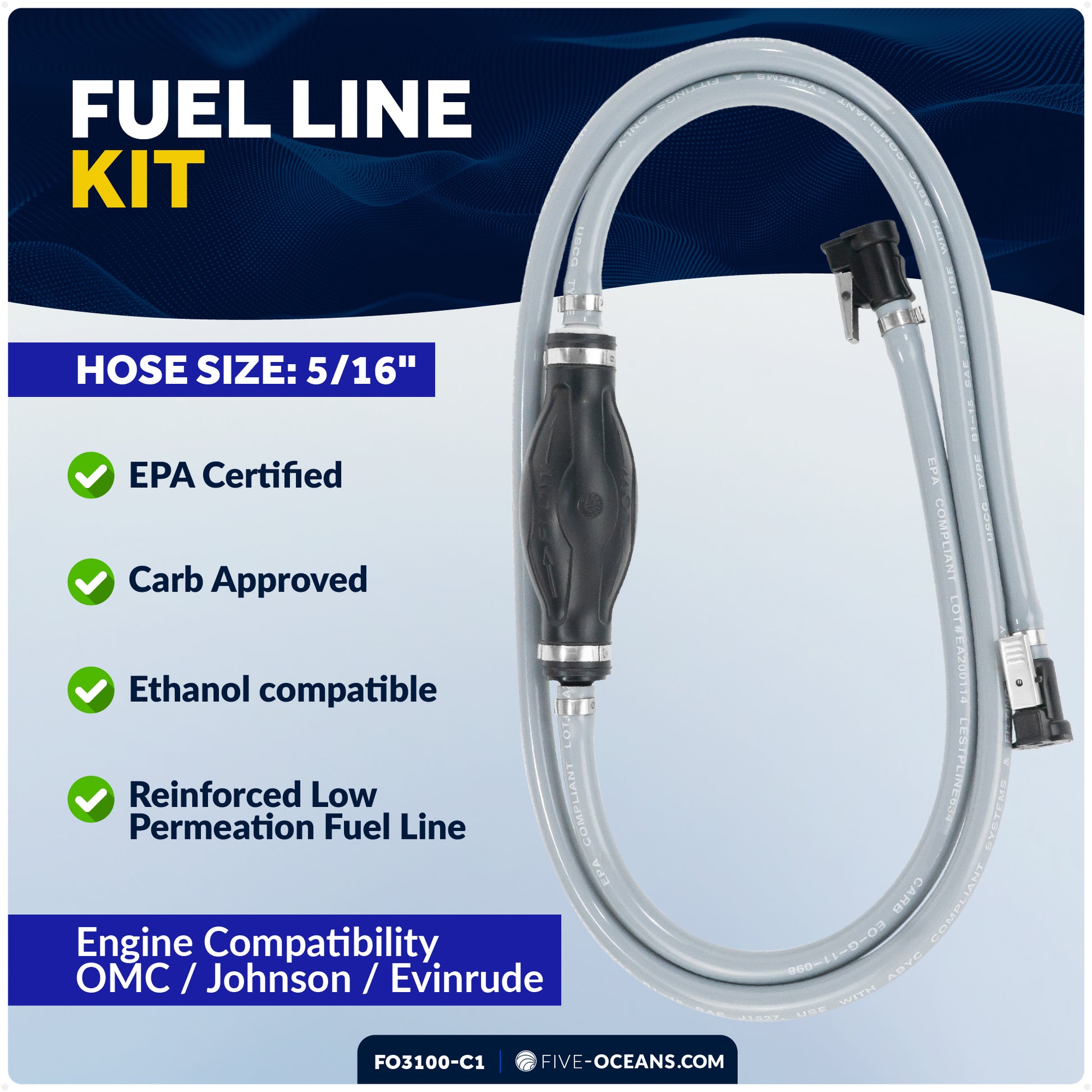 OMC/Johnson/Evinrude Marine Boat Fuel Line Kit, 5/16-Inch x 6-Foot, EPA/CARB Approved - FO3100-C1 - Five Oceans