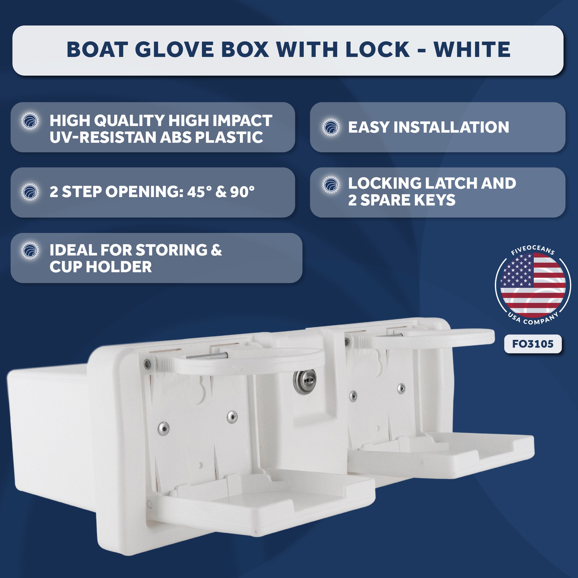 Boat Glove Box with Lock, Drink Cup Holders, White - FO3105 - Five Oceans