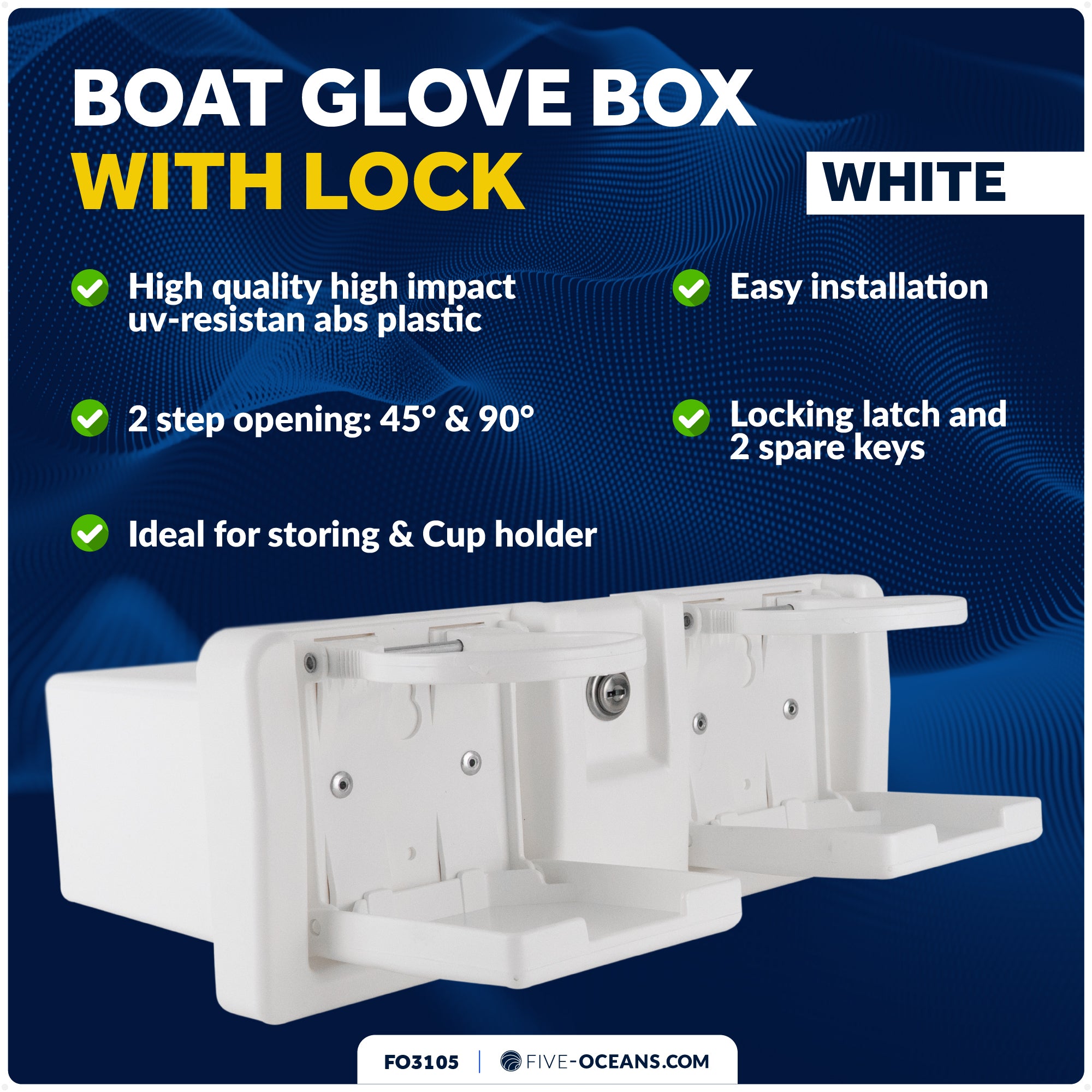 Glove Box with Drink Cup Holders, Lockable with 2 Keys, White - FO3105 - Five Oceans