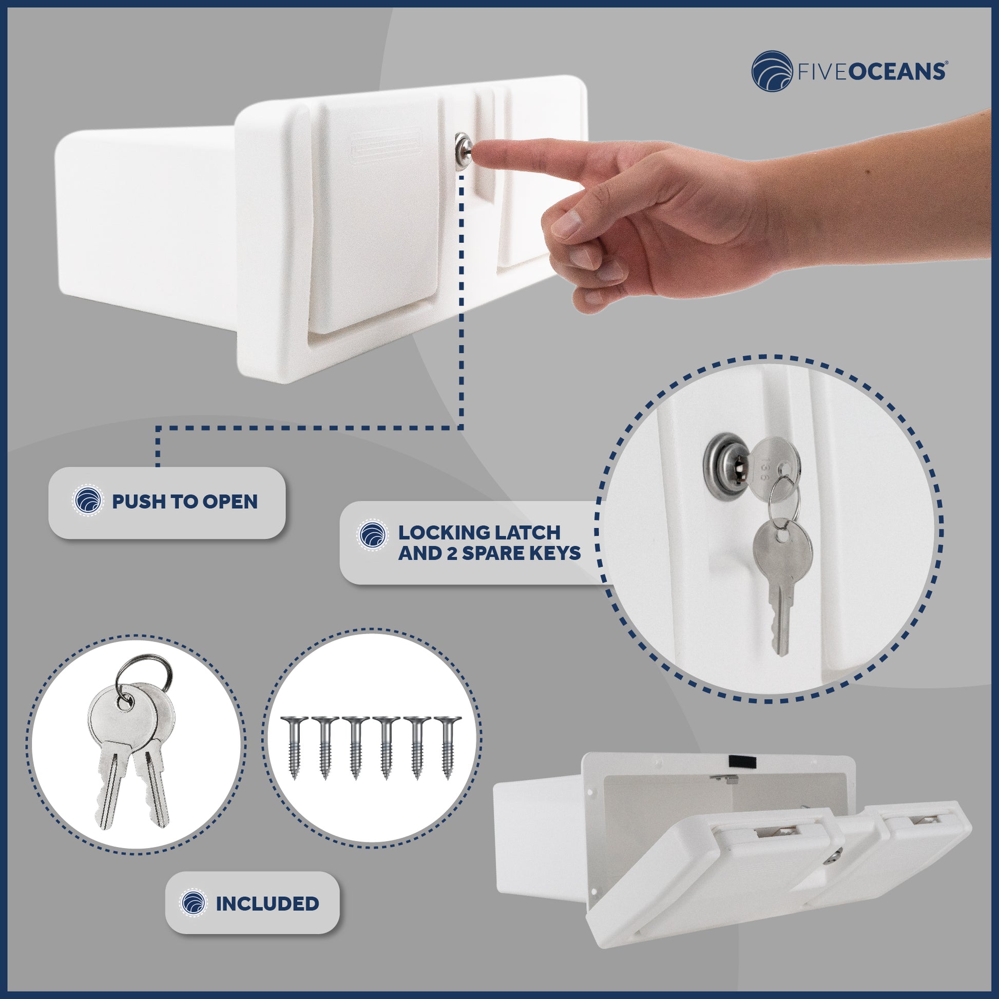 Boat Glove Box with Lock, Drink Cup Holders, White - FO3105 - Five Oceans