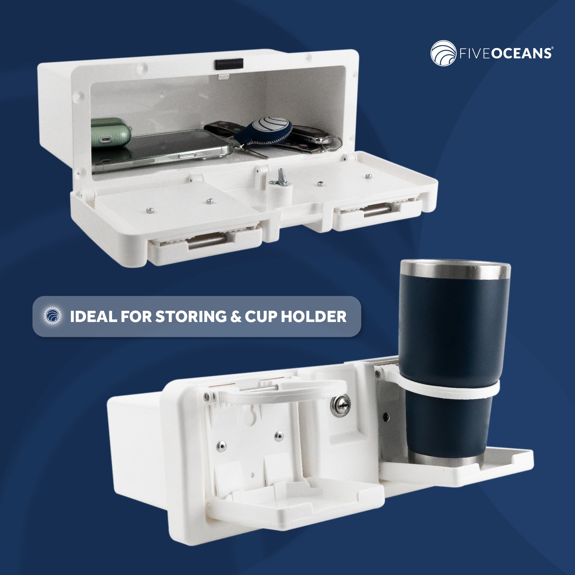 Boat Glove Box with Lock, Drink Cup Holders, White - FO3105 - Five Oceans