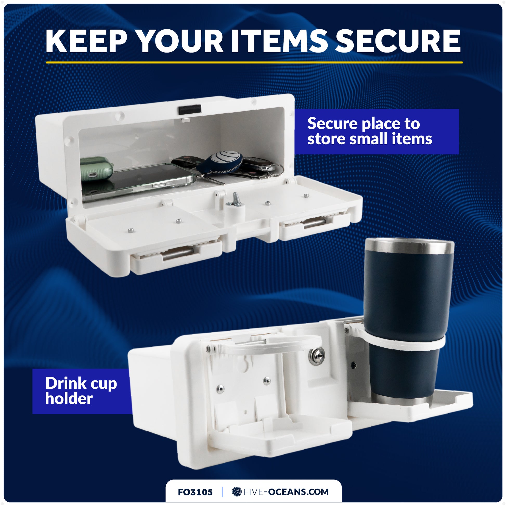 Glove Box with Drink Cup Holders, Lockable with 2 Keys, White - FO3105 - Five Oceans