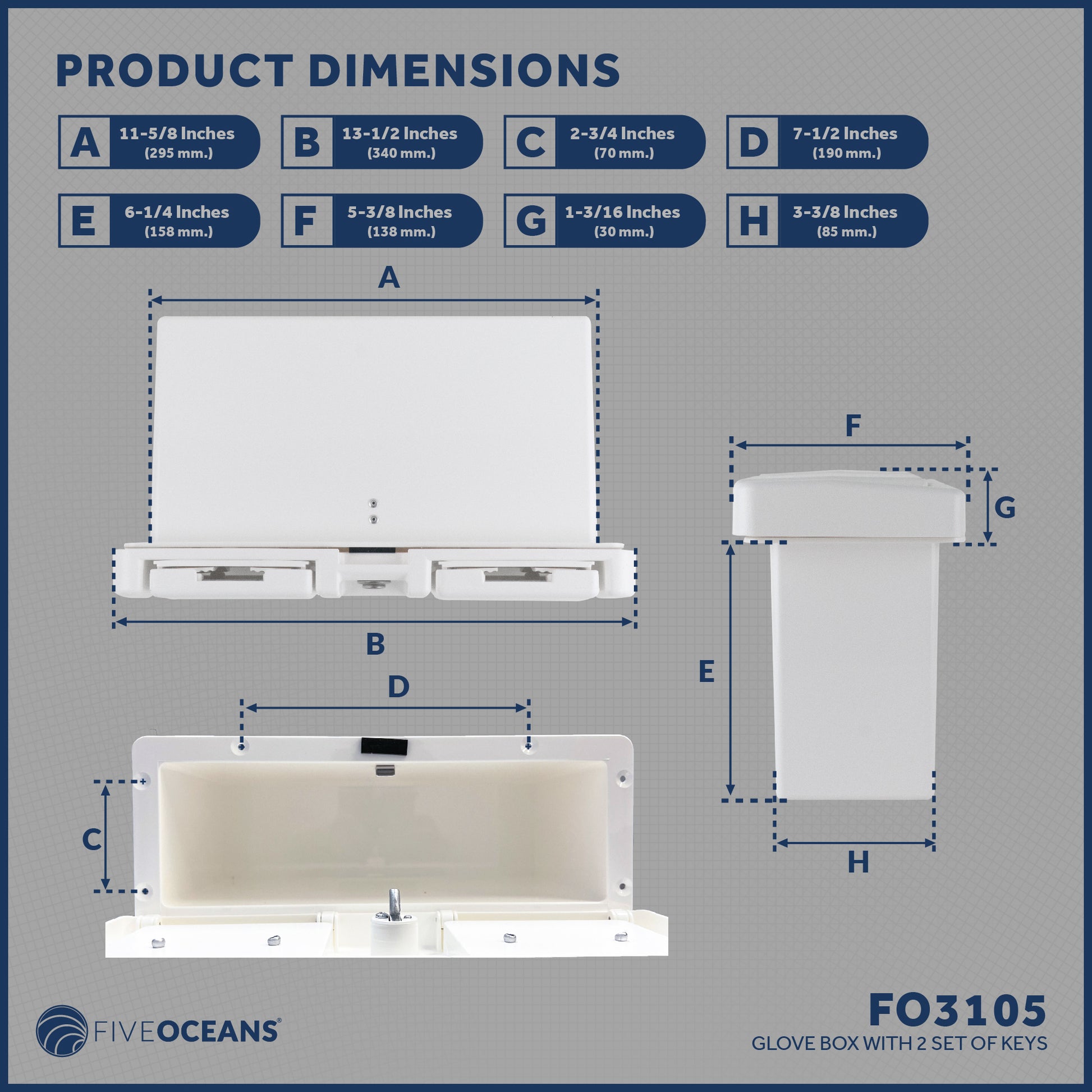 Boat Glove Box with Lock, Drink Cup Holders, White - FO3105 - Five Oceans