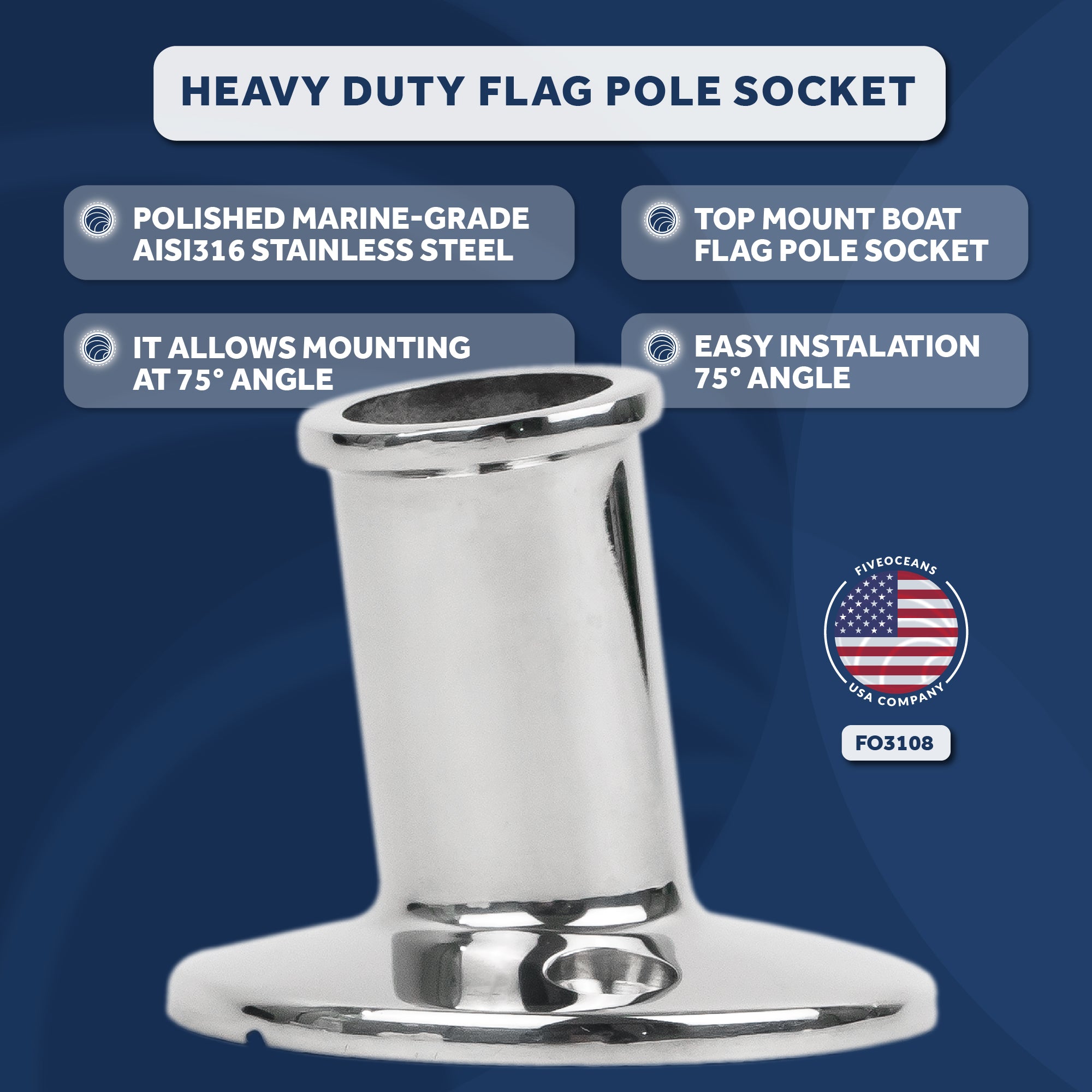 Boat Flag Pole Socket, Stainless Steel - FO3108 - Five Oceans