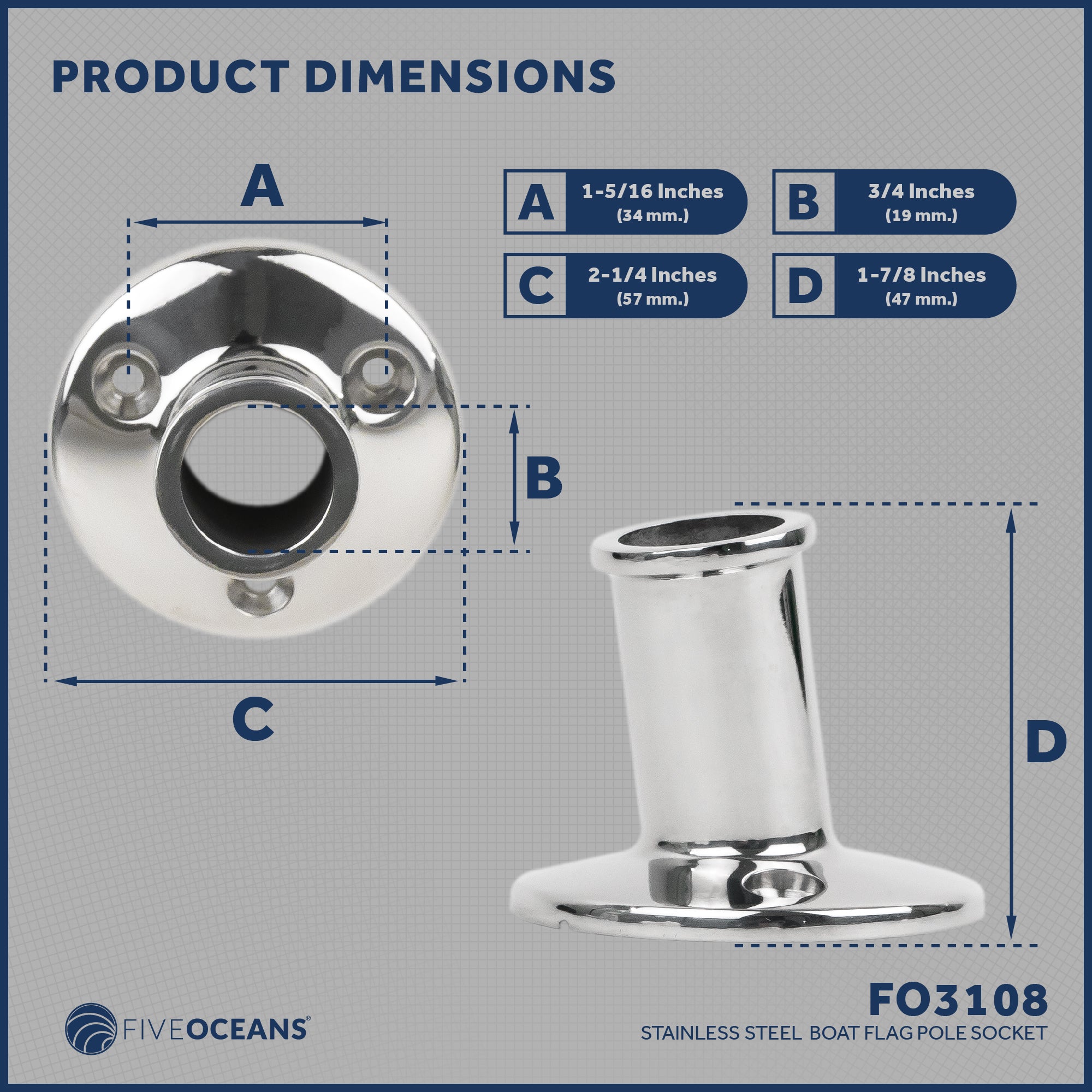 Boat Flag Pole Socket, Stainless Steel - FO3108 - Five Oceans