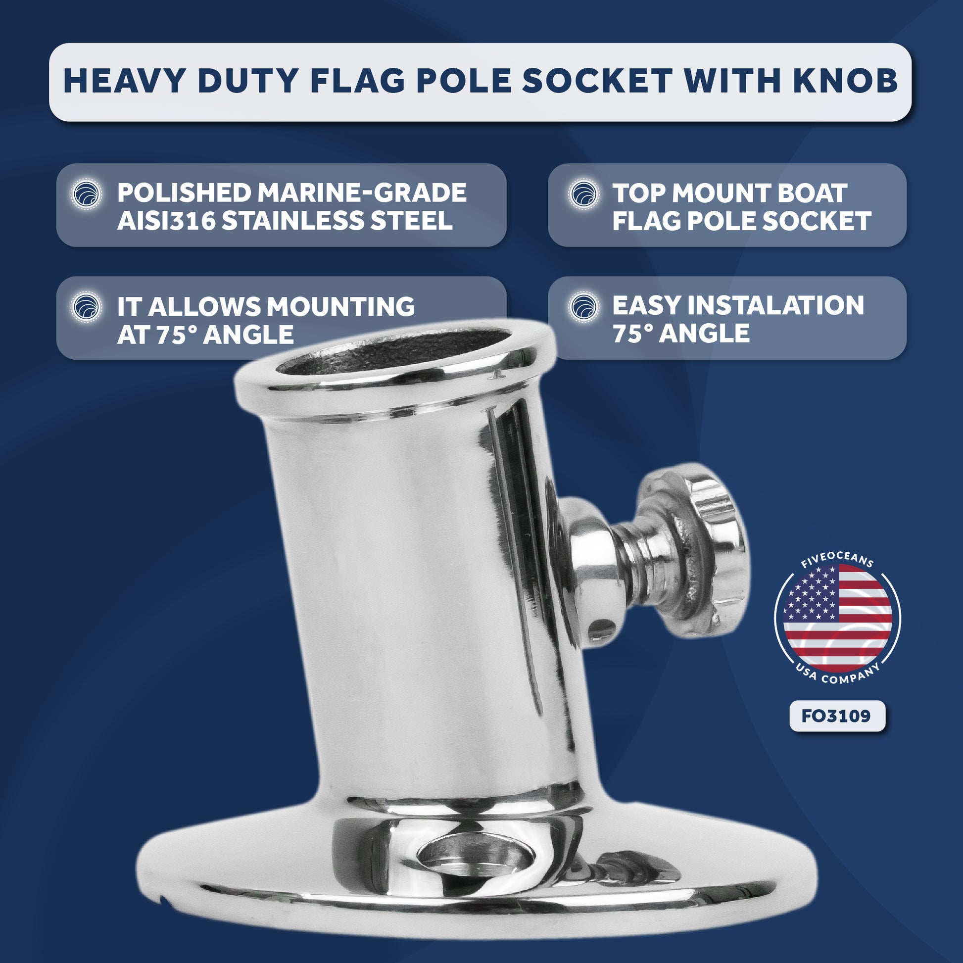 Boat Flag Pole Socket with Knob, Stainless Steel - FO3109 - Five Oceans