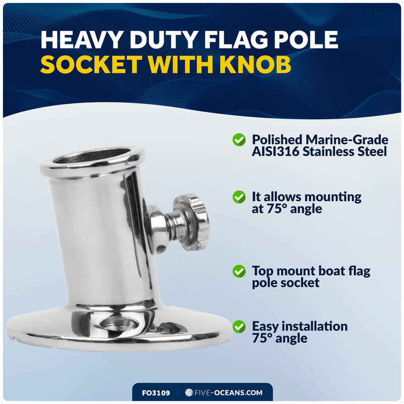 Flag Pole Socket with Knob, 3/4" Dia., Stainless Steel - FO3109 - Five Oceans