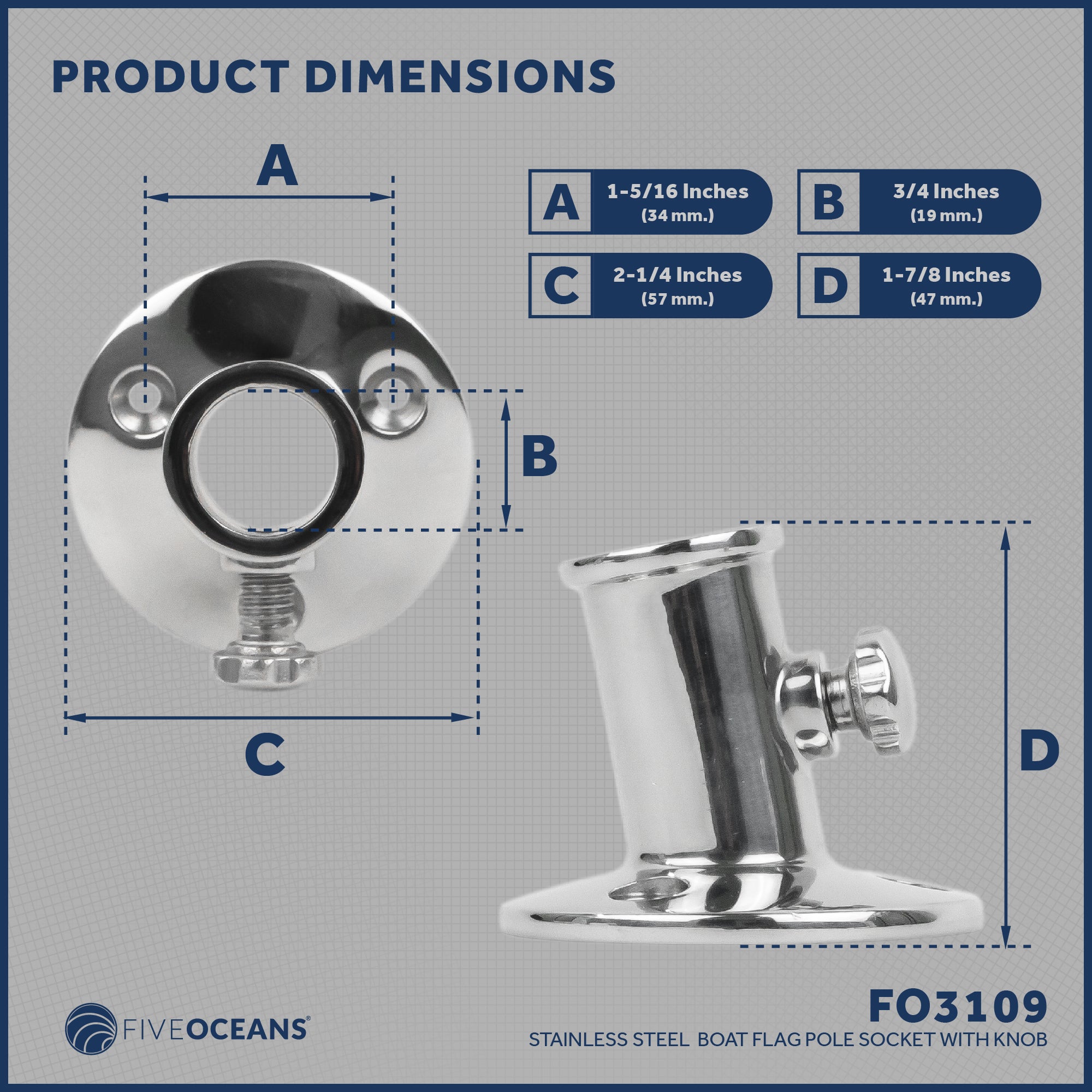 Boat Flag Pole Socket with Knob, Stainless Steel - FO3109 - Five Oceans