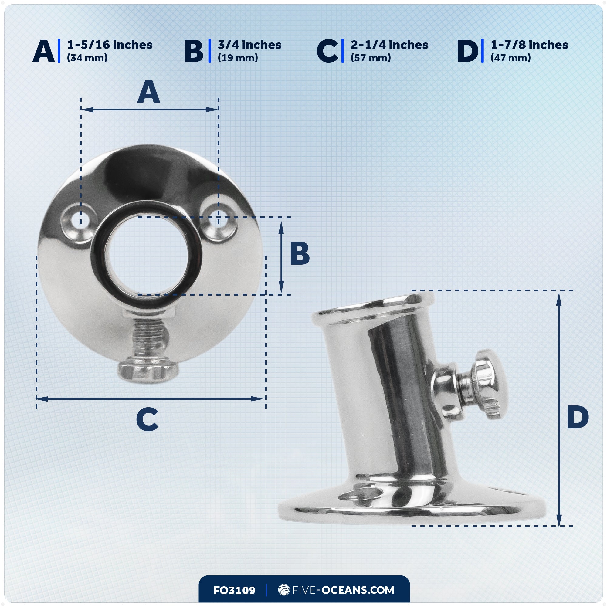 Flag Pole Socket with Knob, 3/4" Dia., Stainless Steel - FO3109