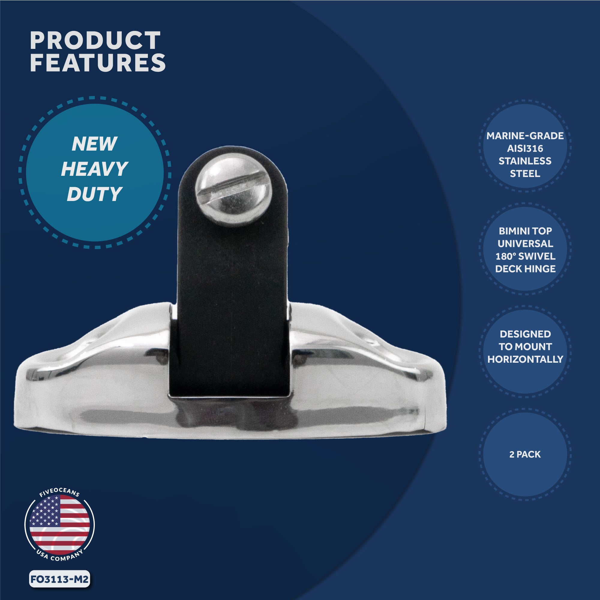 Bimini Top Hardware Universal Swivel Deck Hinge, AISI316 Stainless Stee and Black Nylon - 2-Pack - FO3113-M2 - Five Oceans