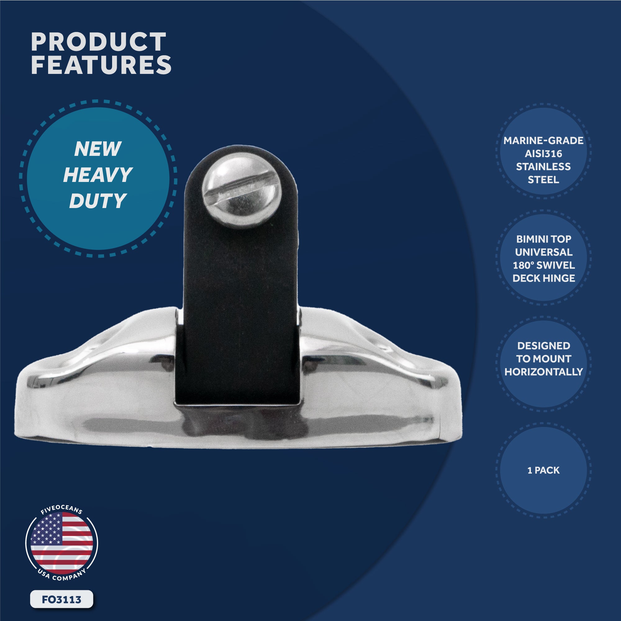 Bimini Top Hardware Universal Swivel Deck Hinge, AISI316 Stainless Stee and Black Nylon - FO3113 - Five Oceans