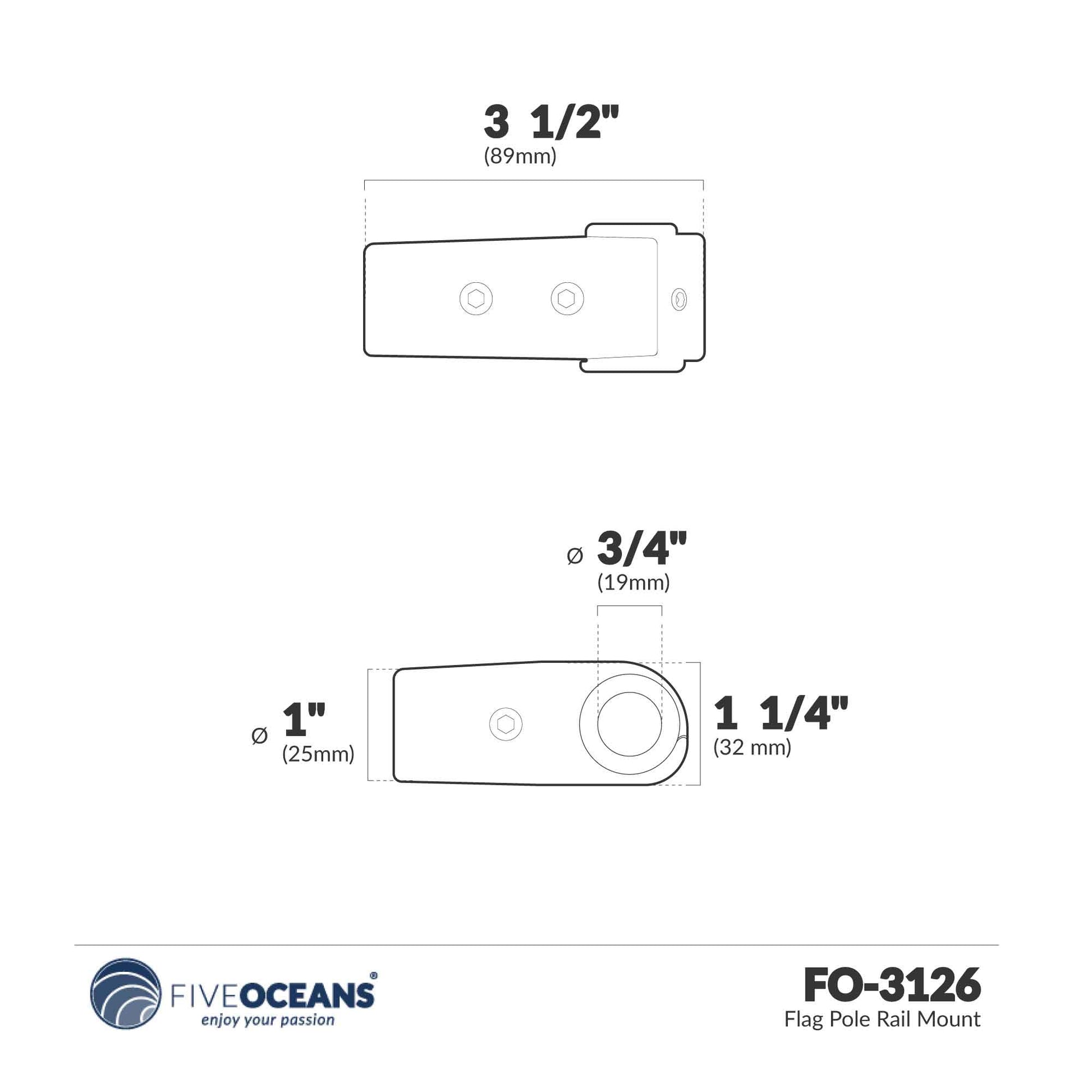 Rail Mount Boat Flag Pole Socket, Fits 1" Pole Diameter, AISI316 Stainless Steel - FO3126 - Five Oceans